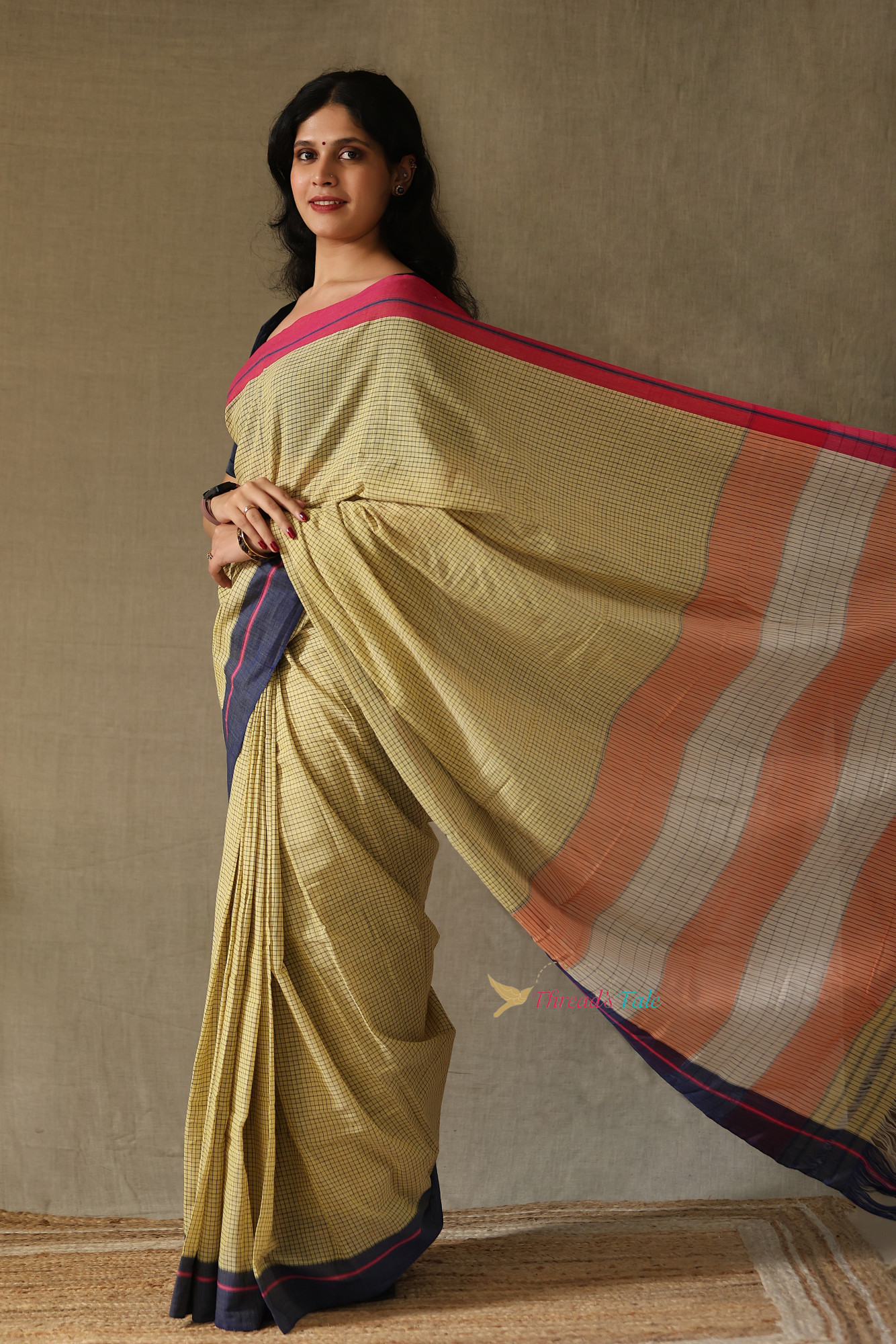Mustard Yellow Handwoven Cotton Checks Saree With Contrast Border