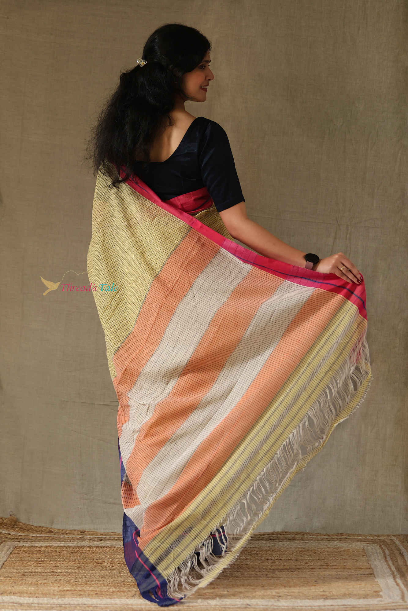Mustard Yellow Handwoven Cotton Checks Saree With Contrast Border