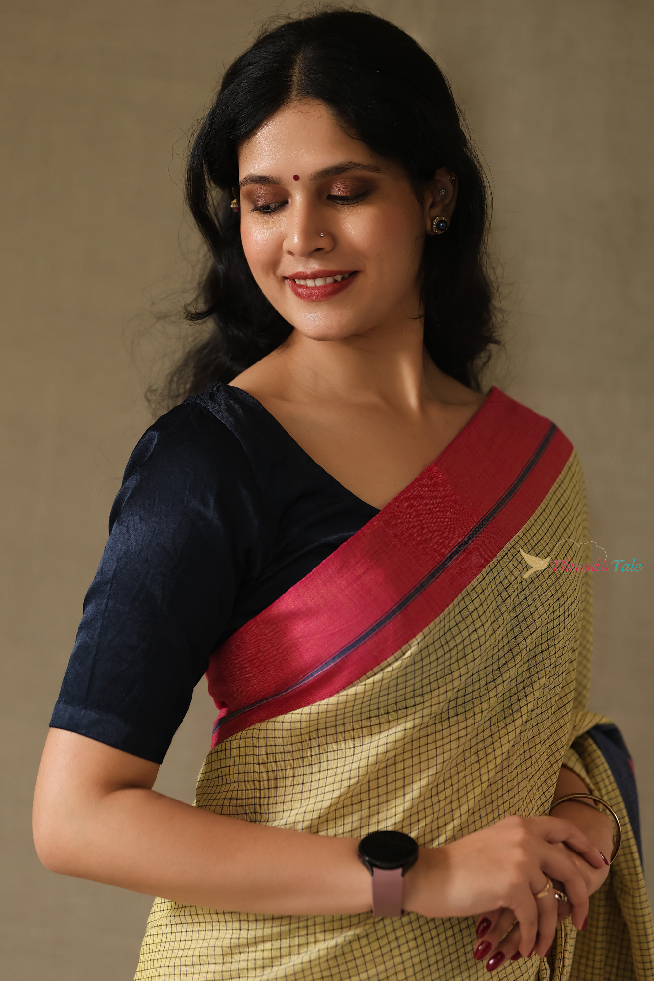 Mustard Yellow Handwoven Cotton Checks Saree With Contrast Border