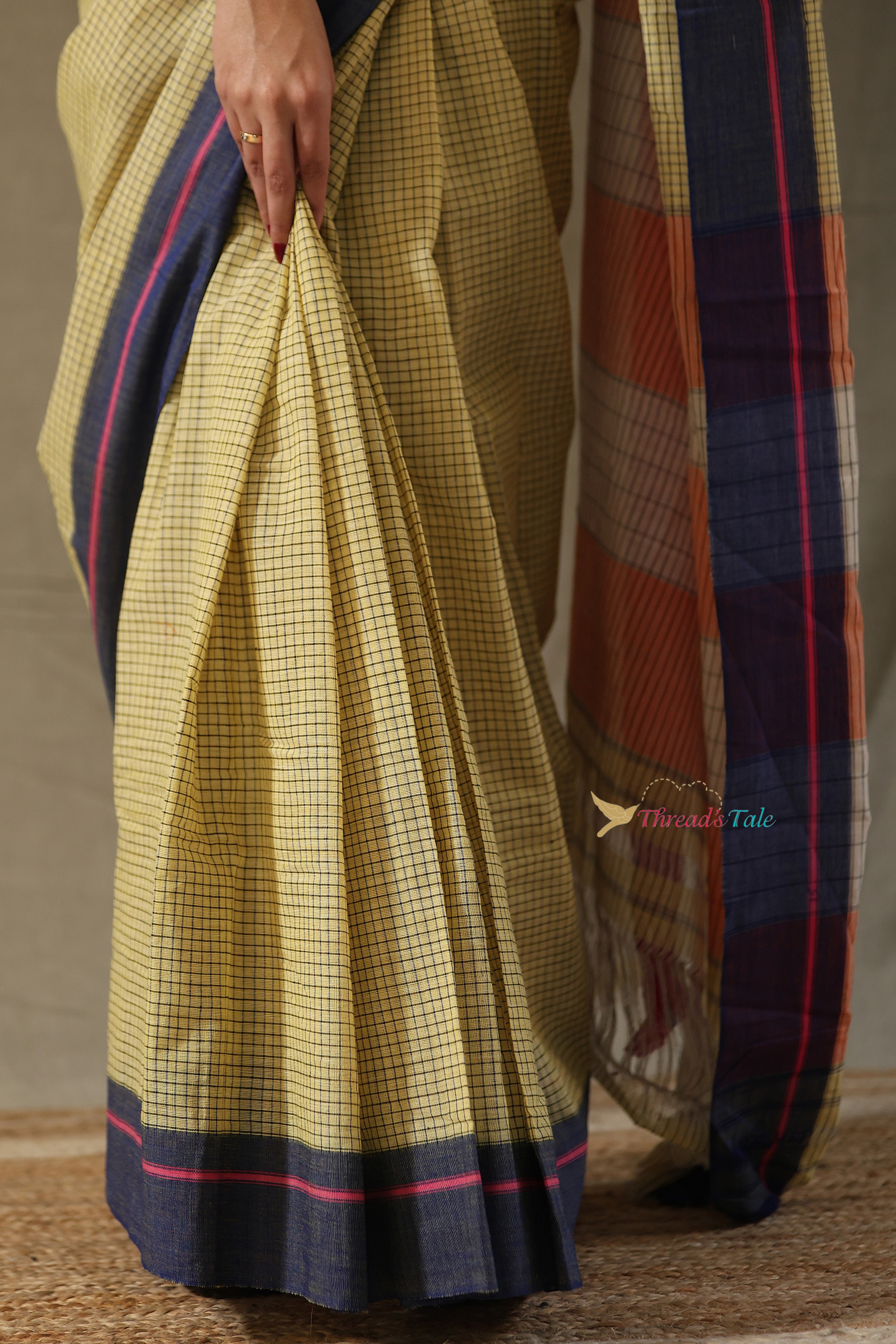 Mustard Yellow Handwoven Cotton Checks Saree With Contrast Border