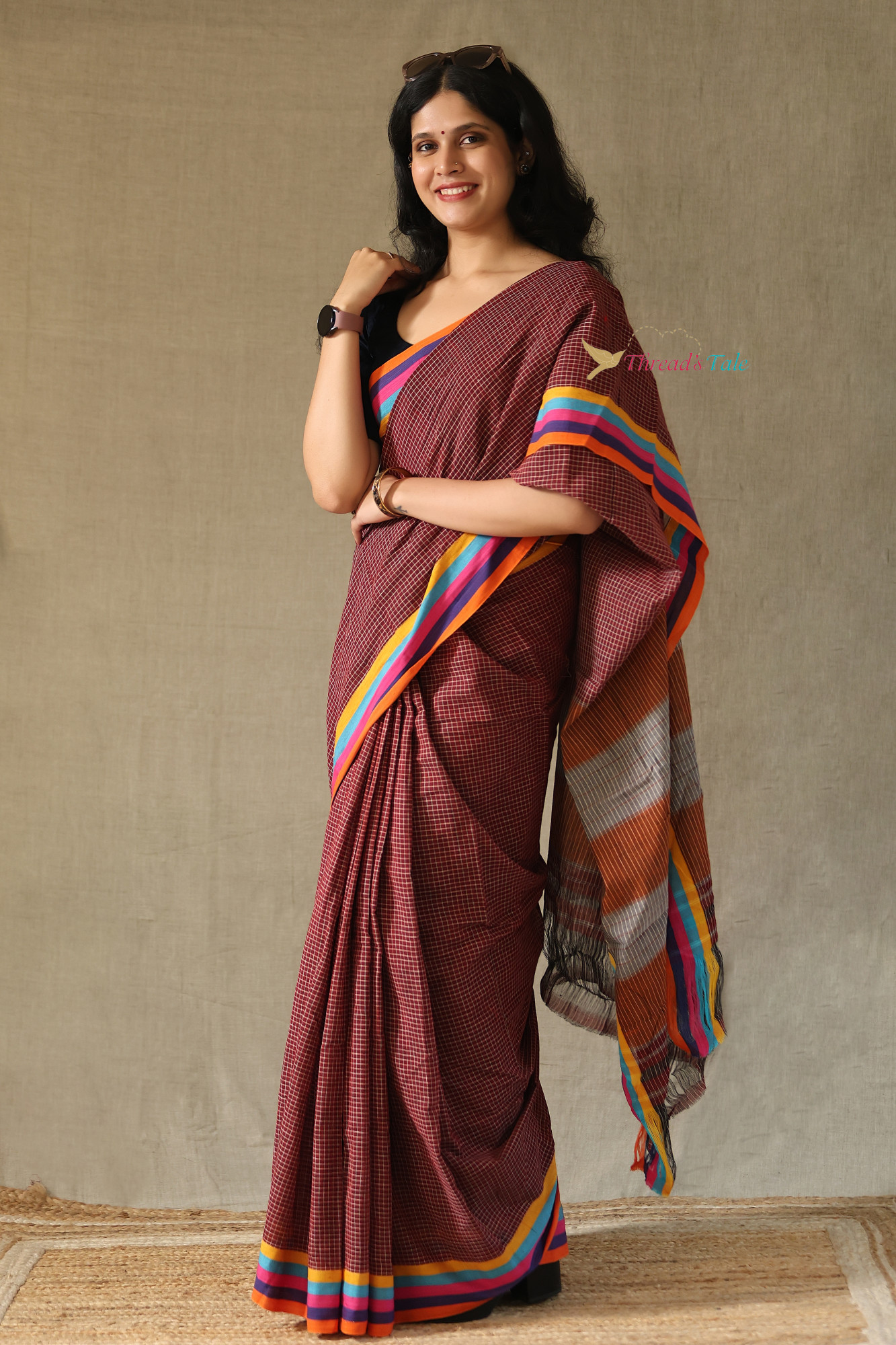 Maroon Handwoven Cotton Checks Saree With Contrast Border