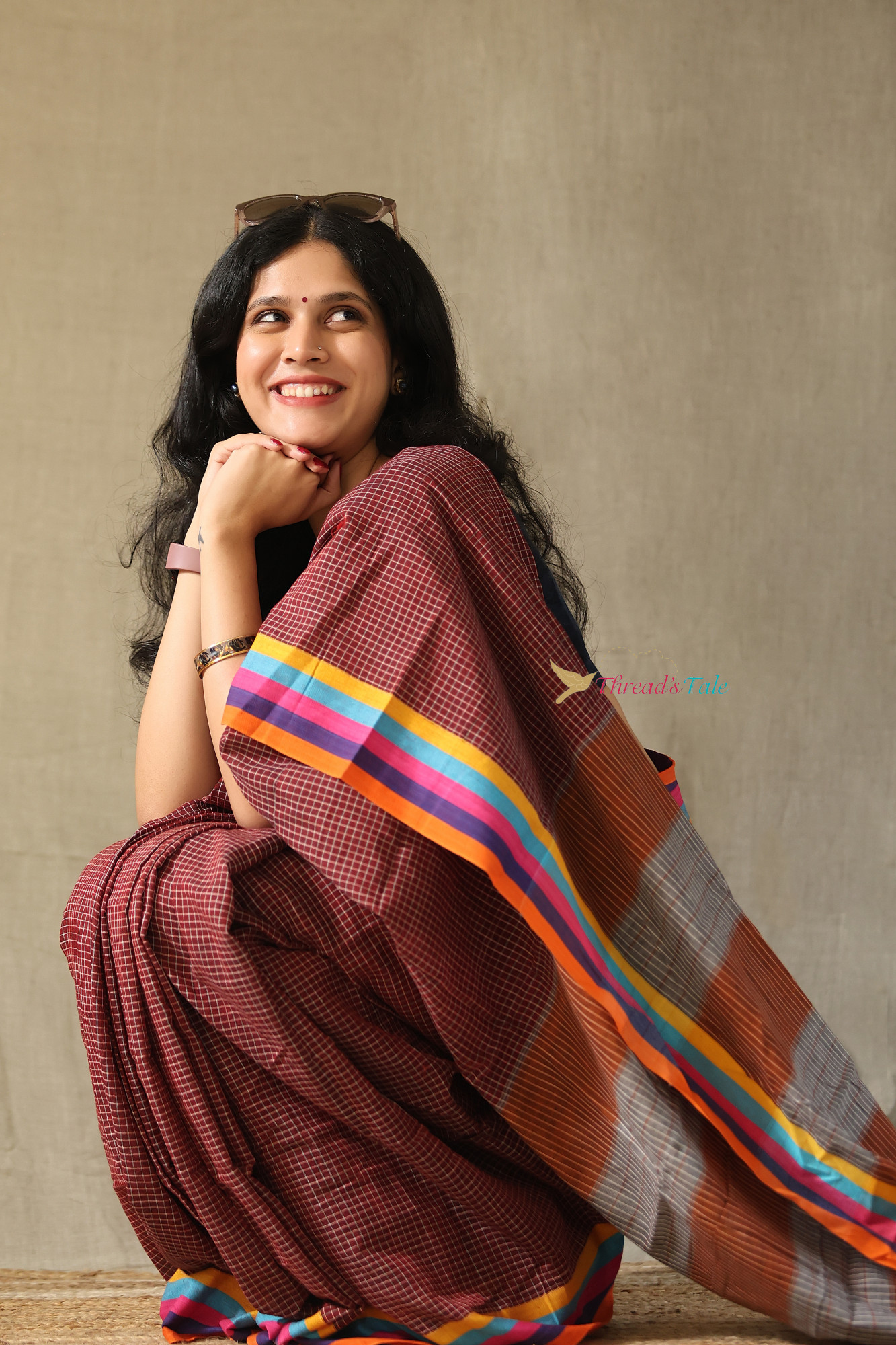Maroon Handwoven Cotton Checks Saree With Contrast Border