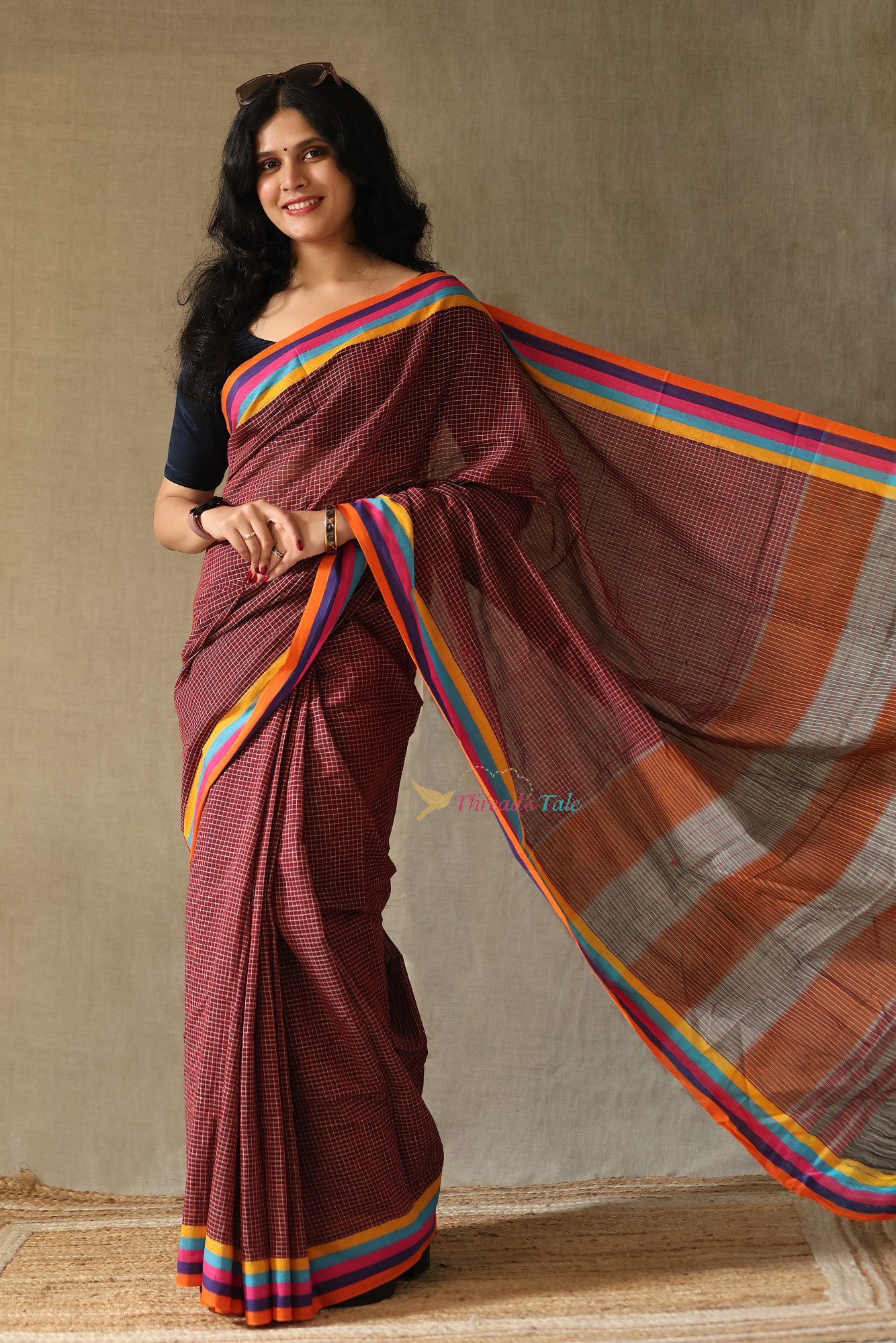 Maroon Handwoven Cotton Checks Saree With Contrast Border