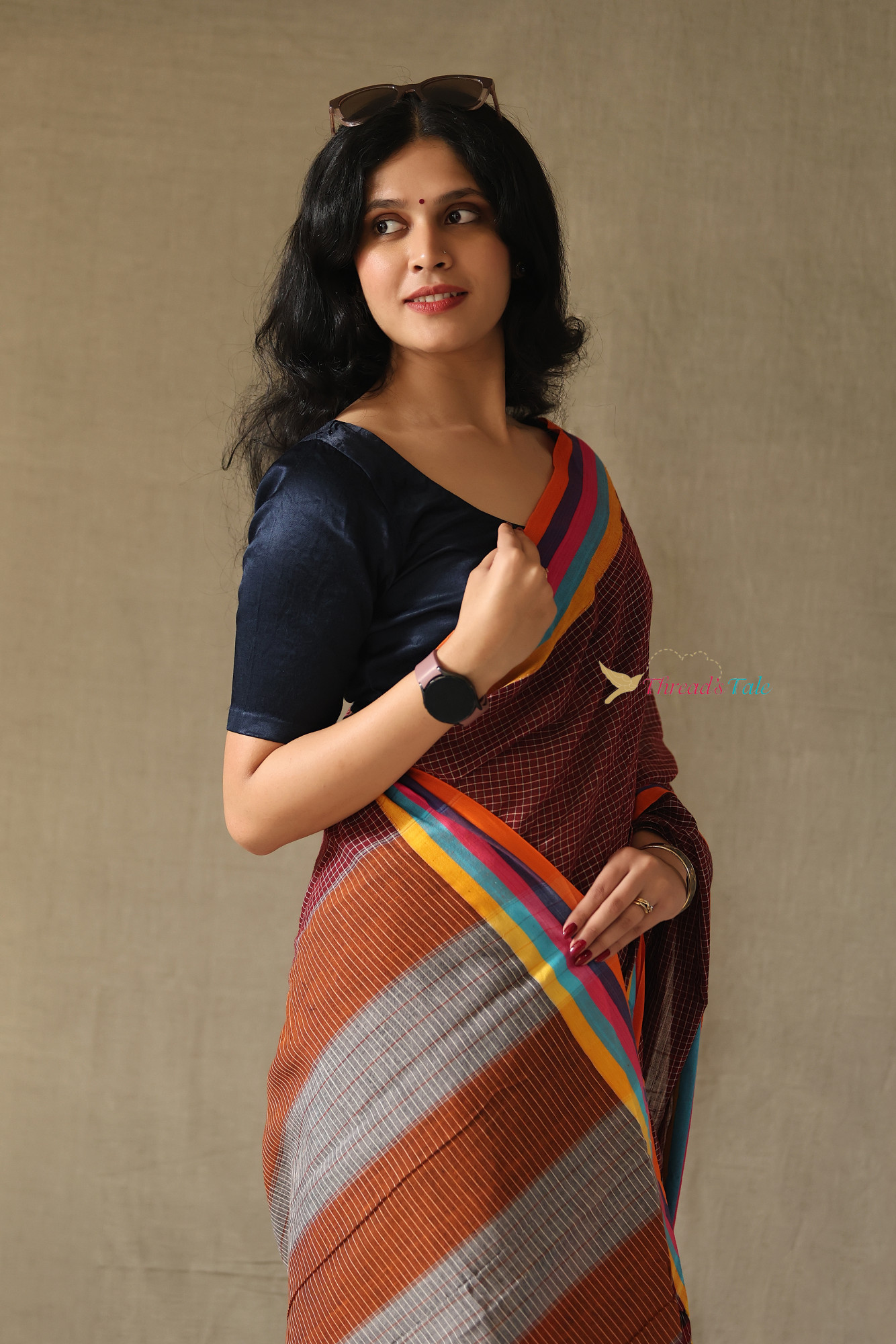 Maroon Handwoven Cotton Checks Saree With Contrast Border