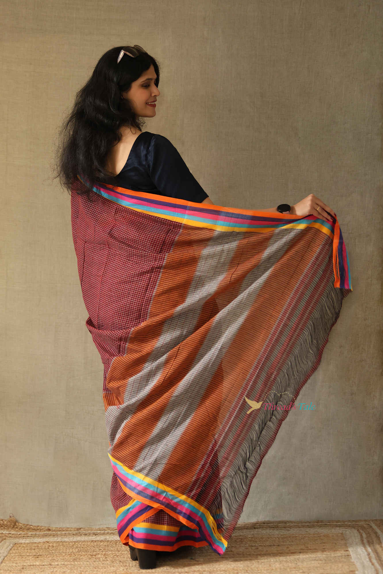 Maroon Handwoven Cotton Checks Saree With Contrast Border