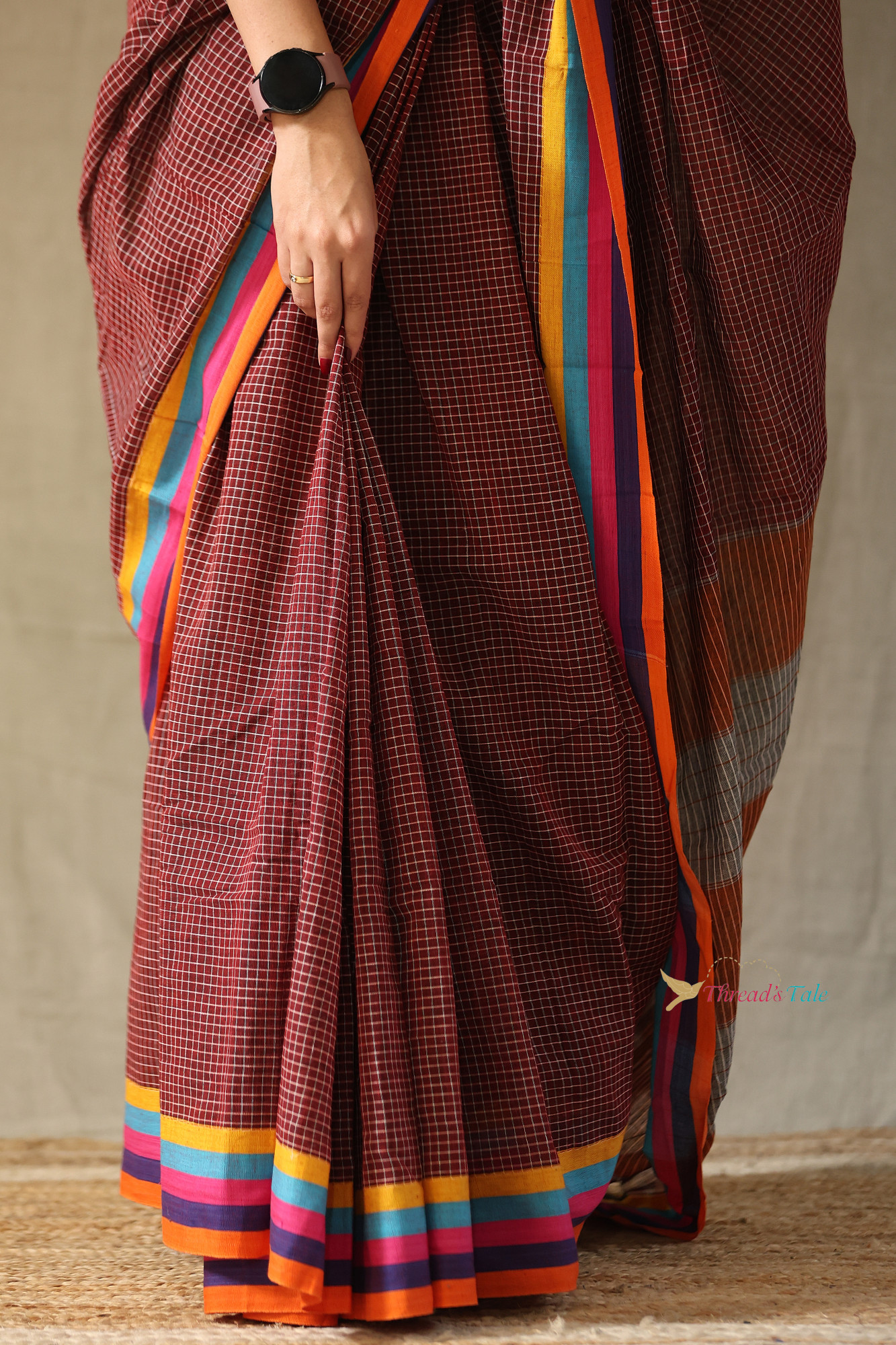 Maroon Handwoven Cotton Checks Saree With Contrast Border