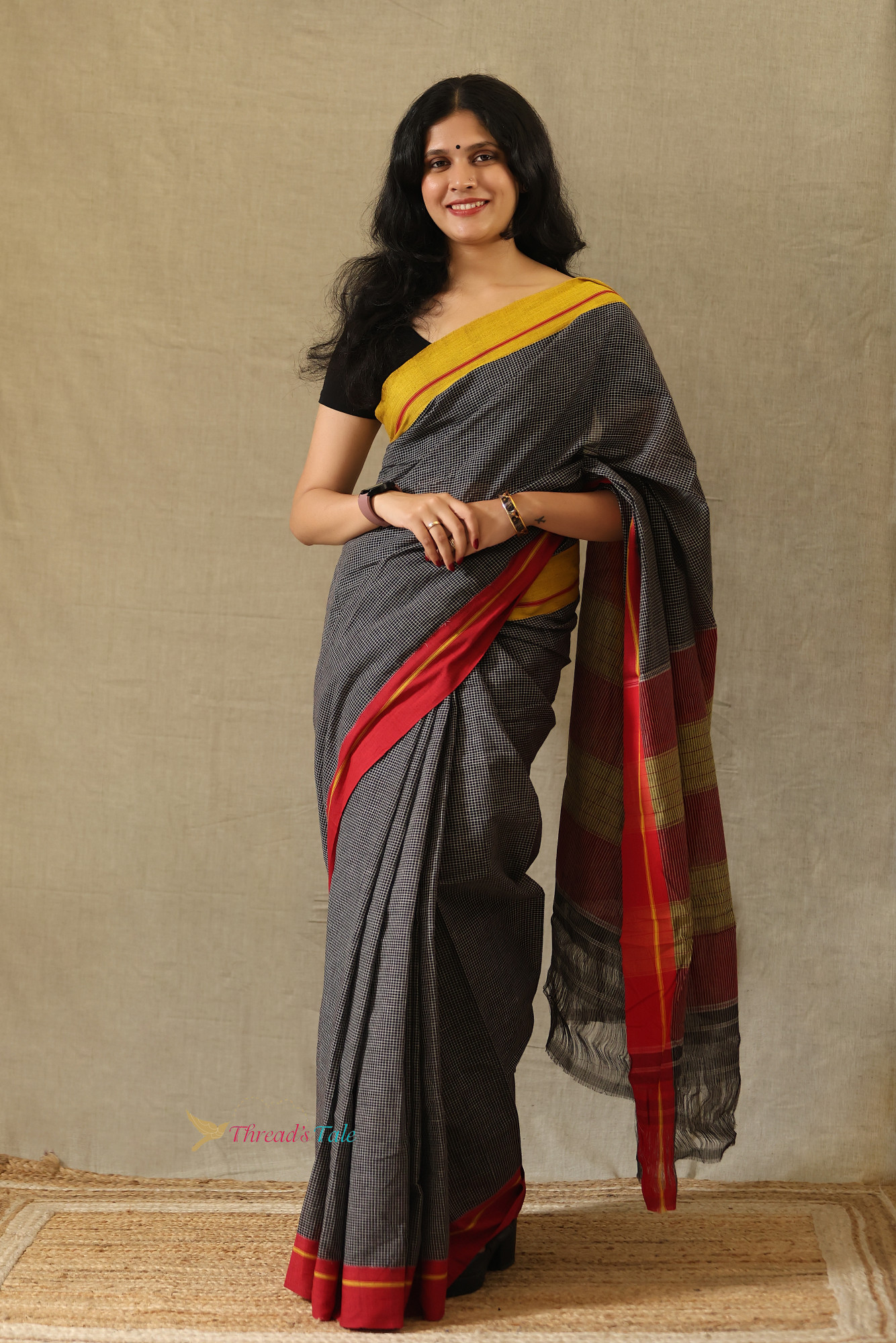 Charcoal Grey Handwoven Cotton Checks Saree With Contrast Border