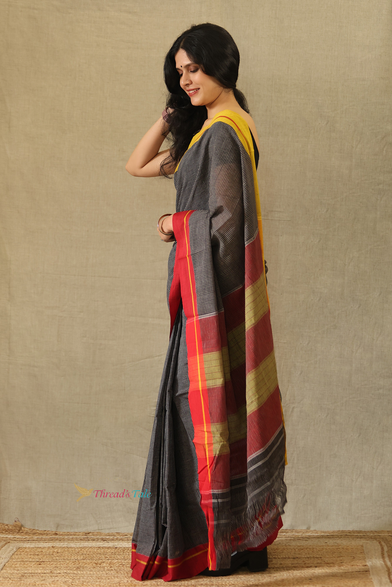 Charcoal Grey Handwoven Cotton Checks Saree With Contrast Border