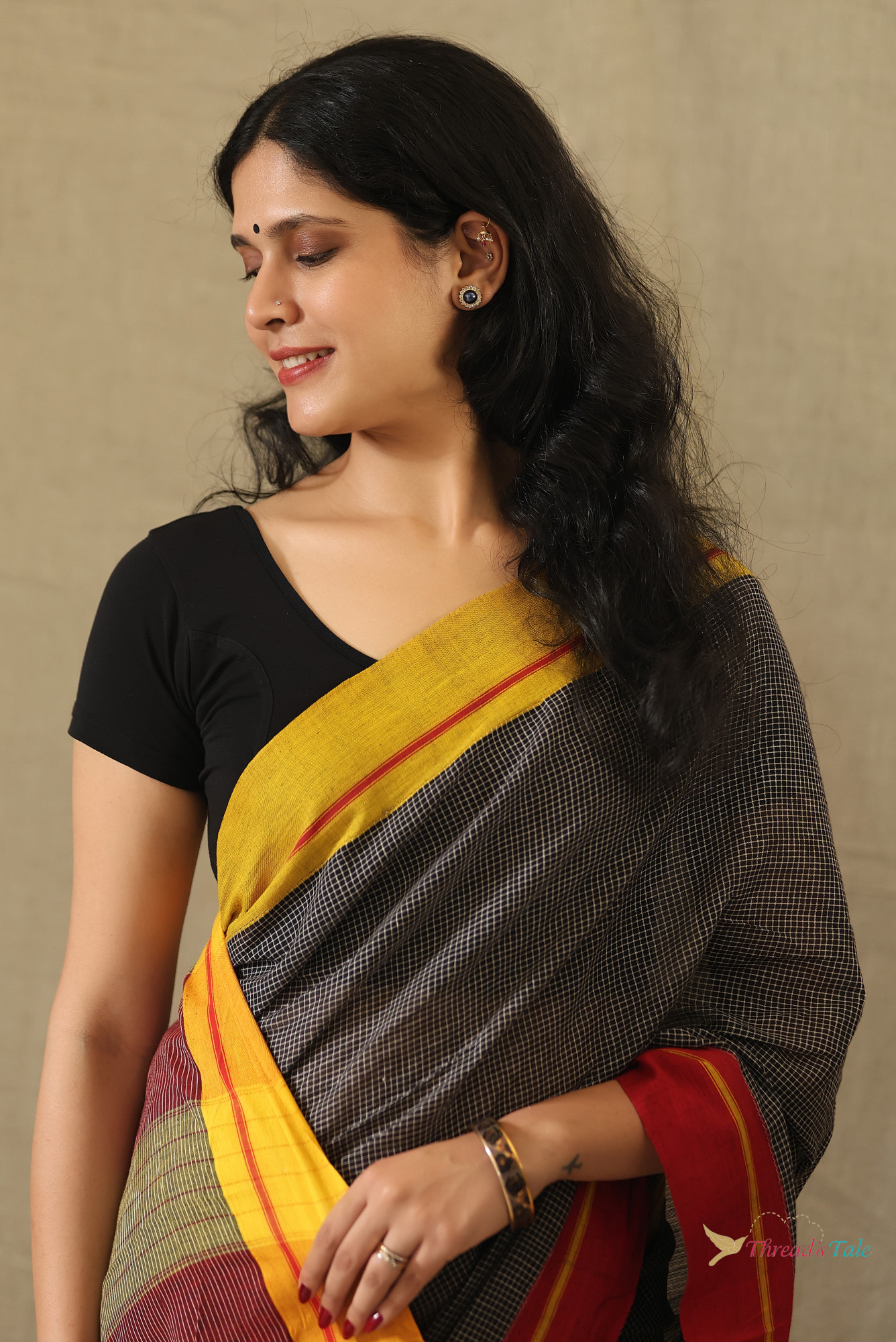 Charcoal Grey Handwoven Cotton Checks Saree With Contrast Border