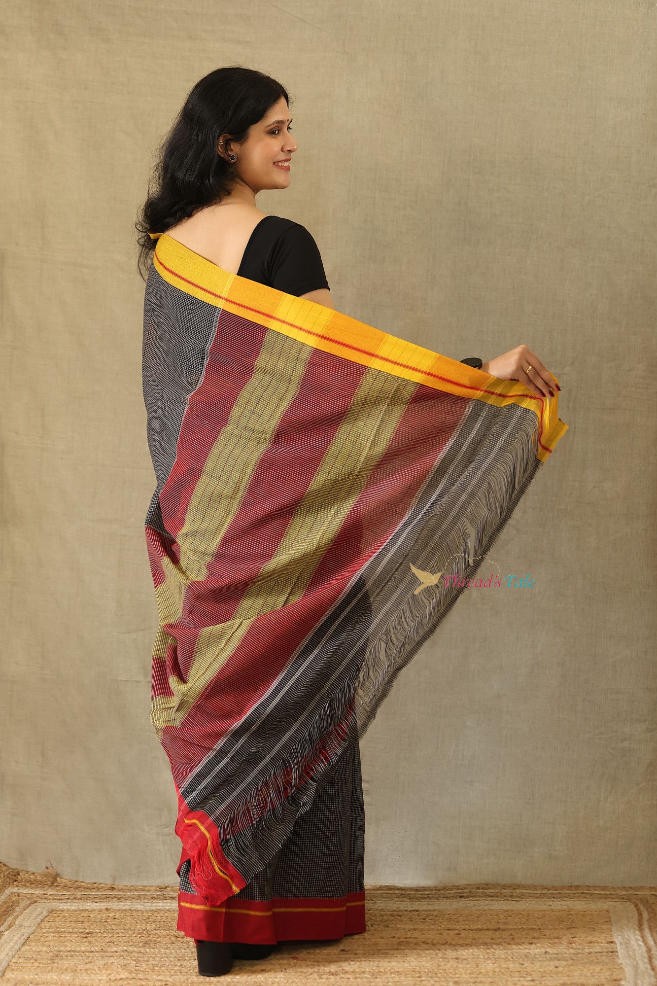 Charcoal Grey Handwoven Cotton Checks Saree With Contrast Border