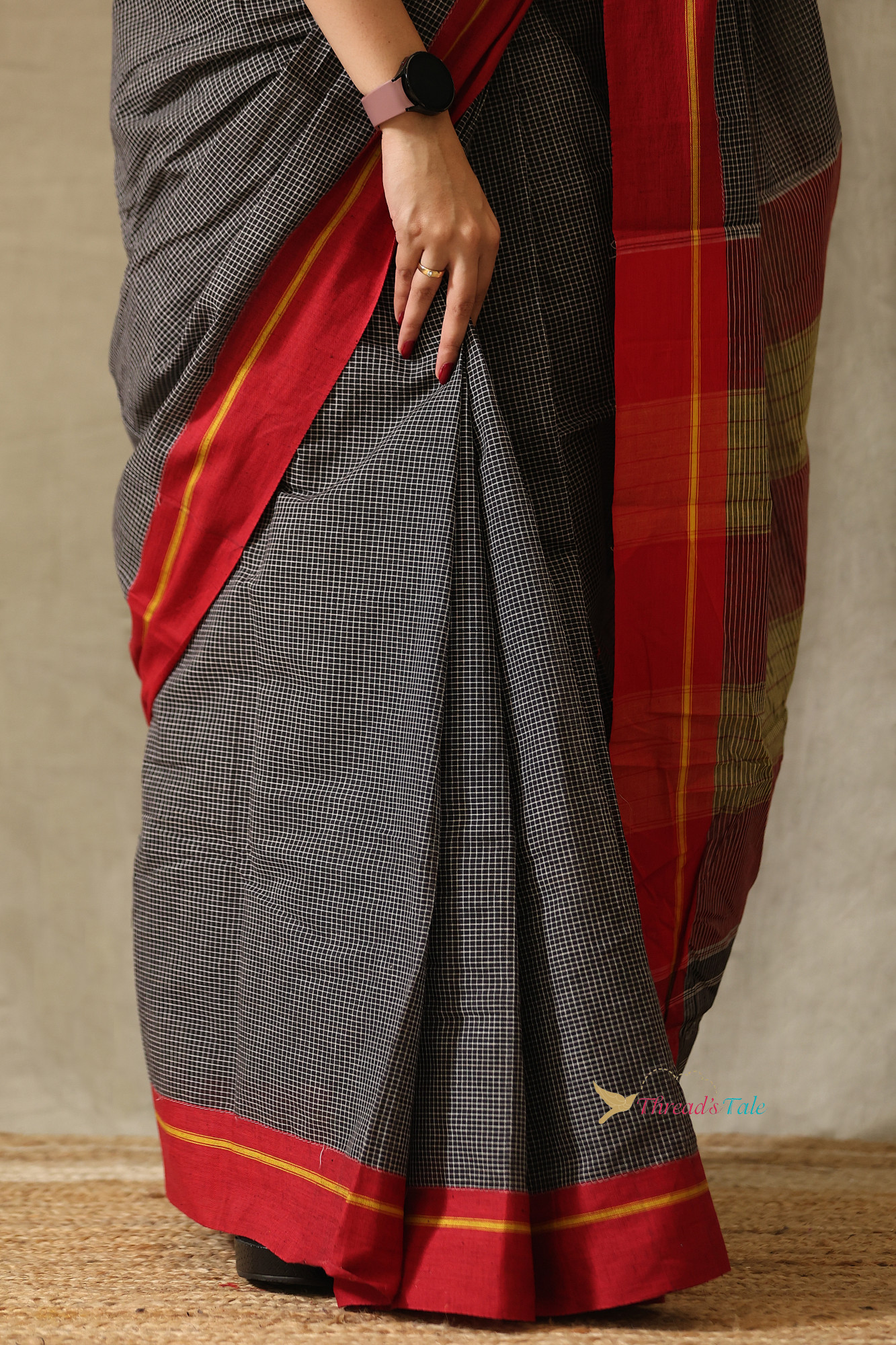 Charcoal Grey Handwoven Cotton Checks Saree With Contrast Border