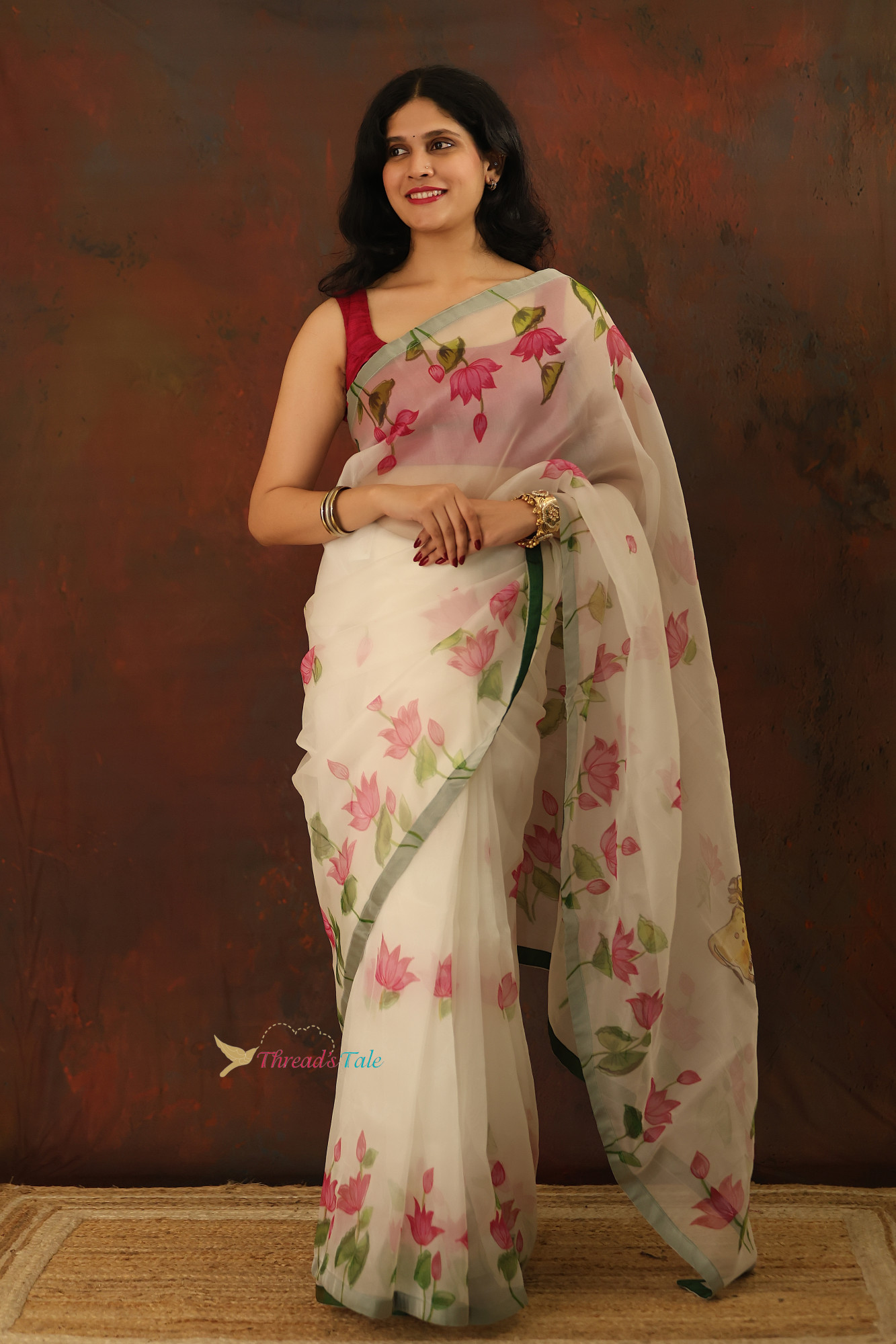 White Pure Organza Handpainted Floral Saree