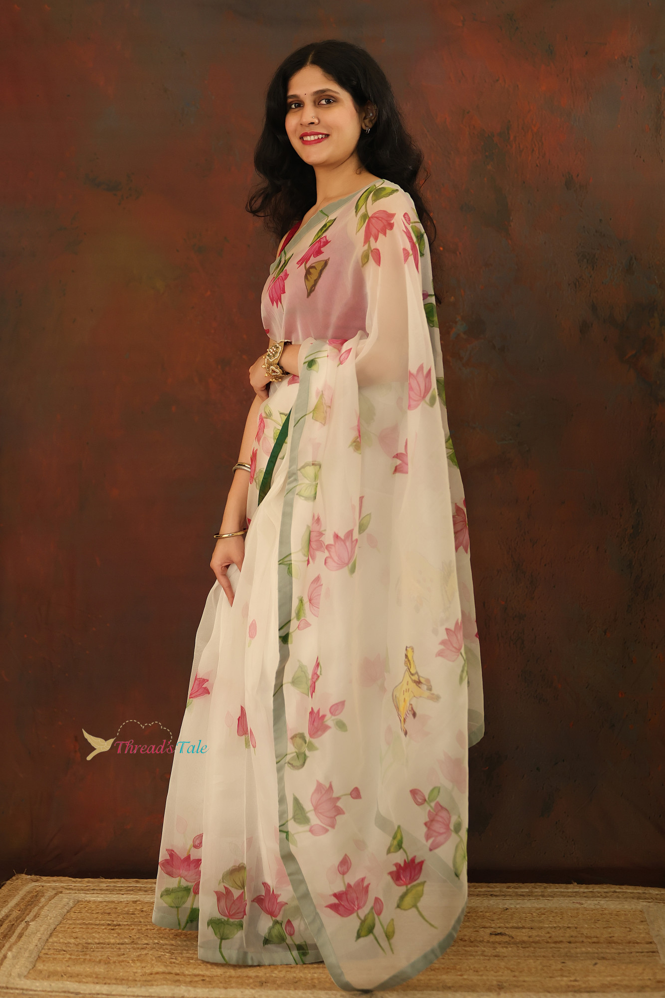 White Pure Organza Handpainted Floral Saree