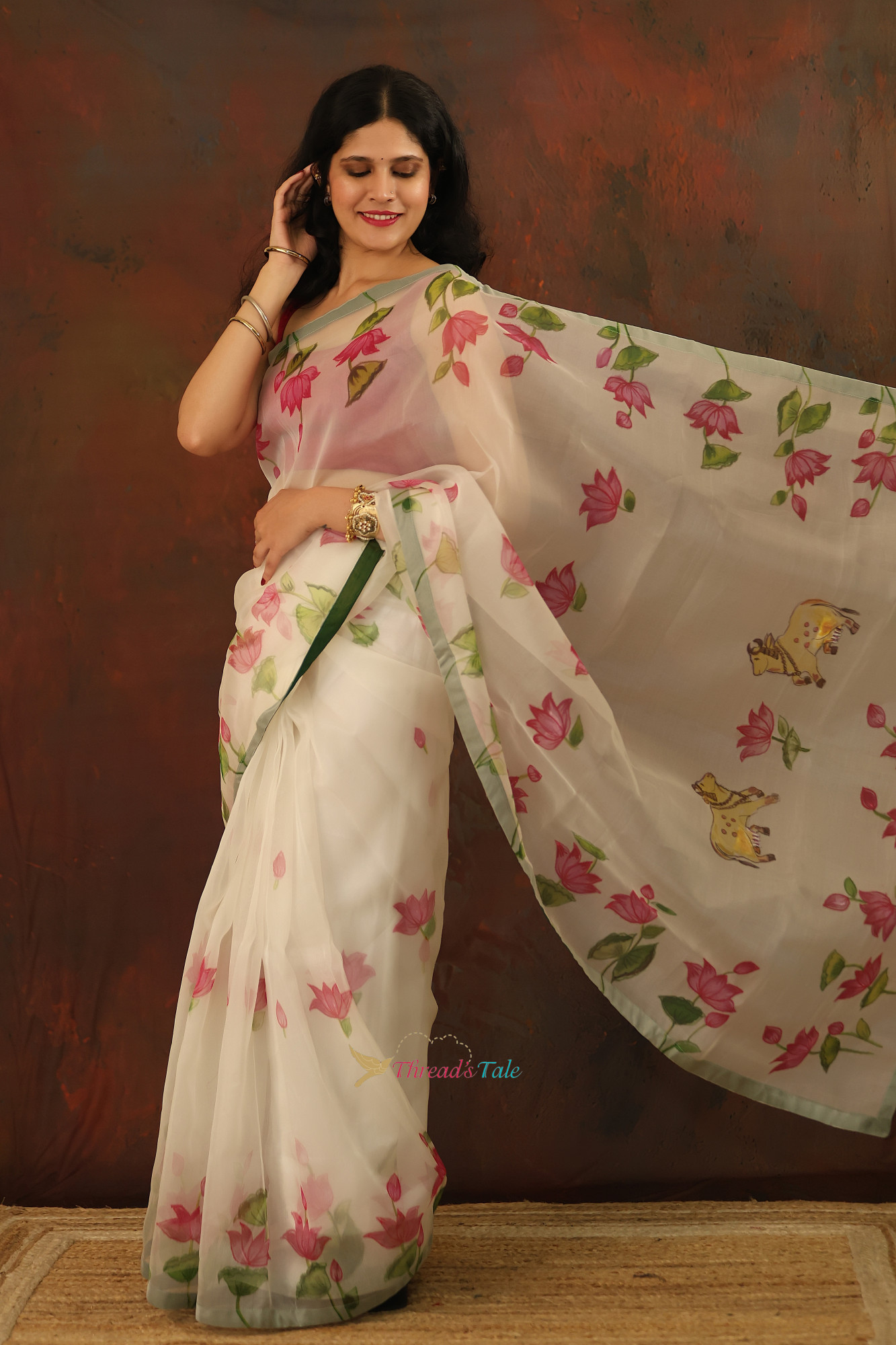 White Pure Organza Handpainted Floral Saree