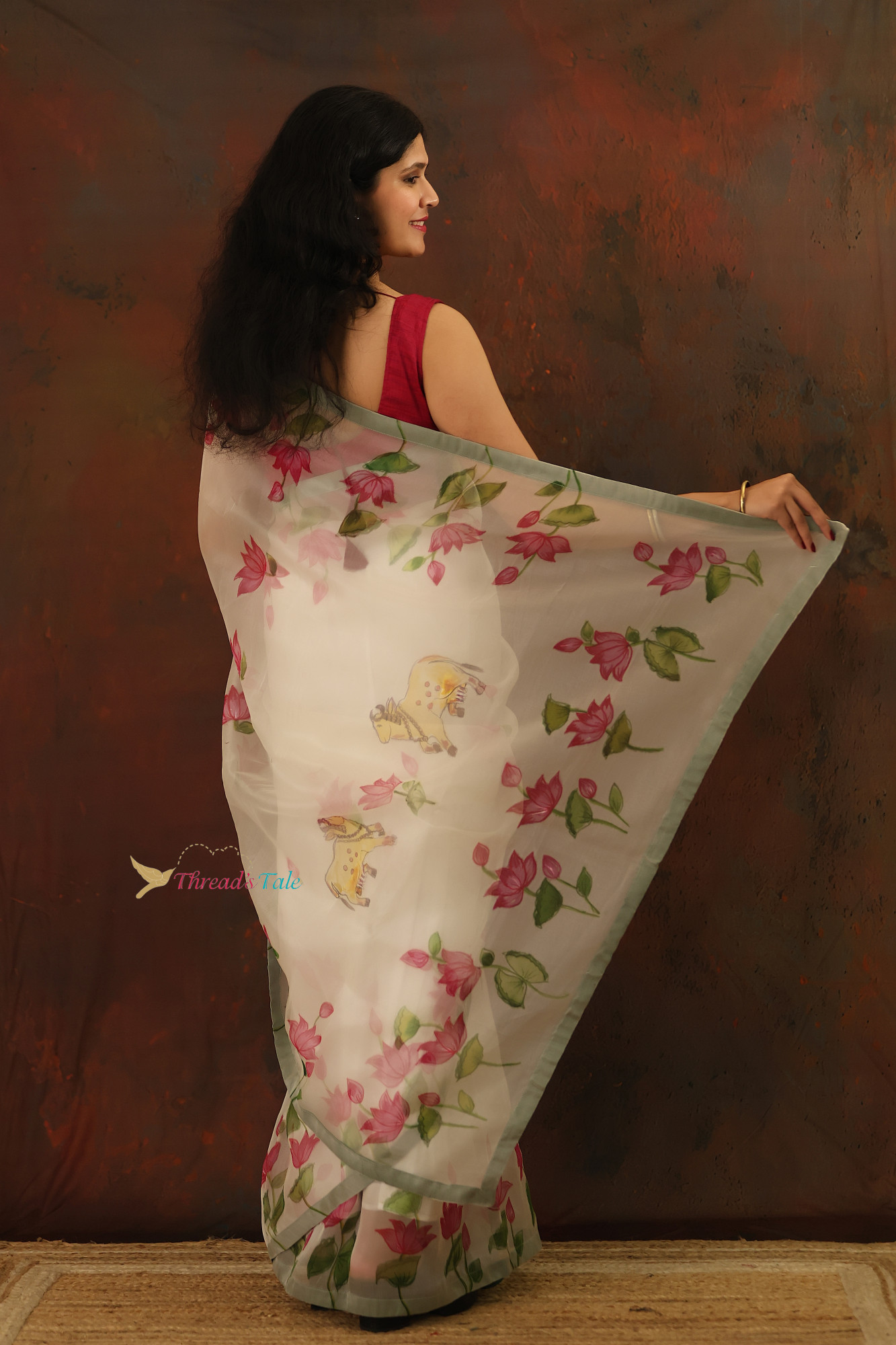 White Pure Organza Handpainted Floral Saree