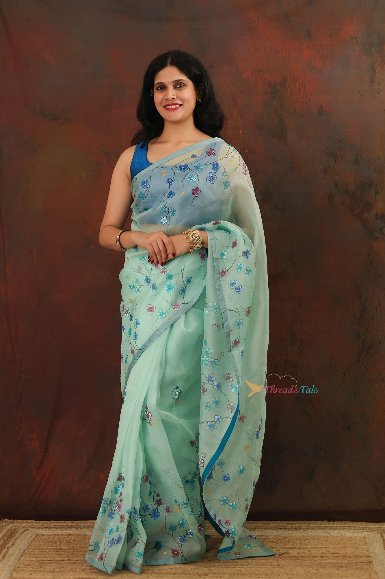 Mint Green Pure Organza Saree With Handpainted Floral Saree
