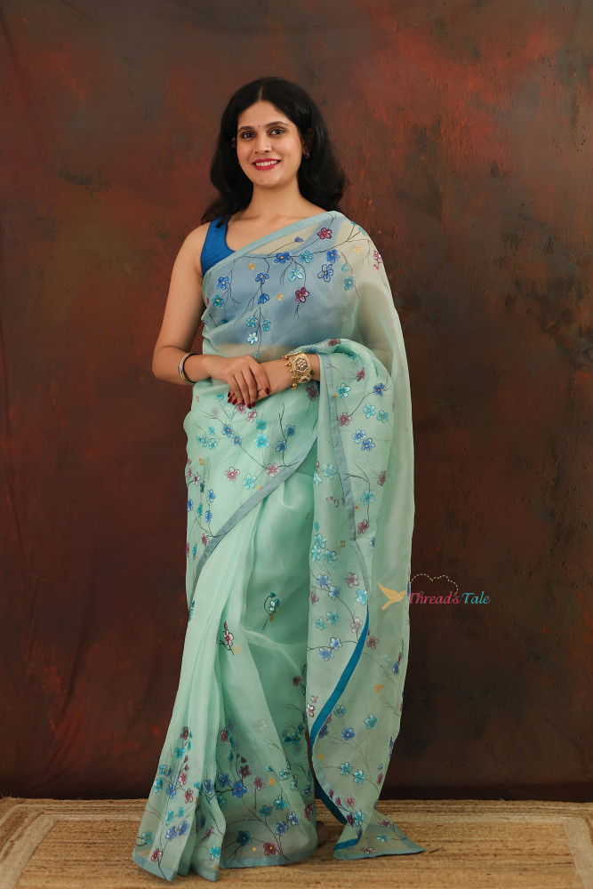 Image of Mint Green Pure Organza Saree With Handpainted Floral Saree