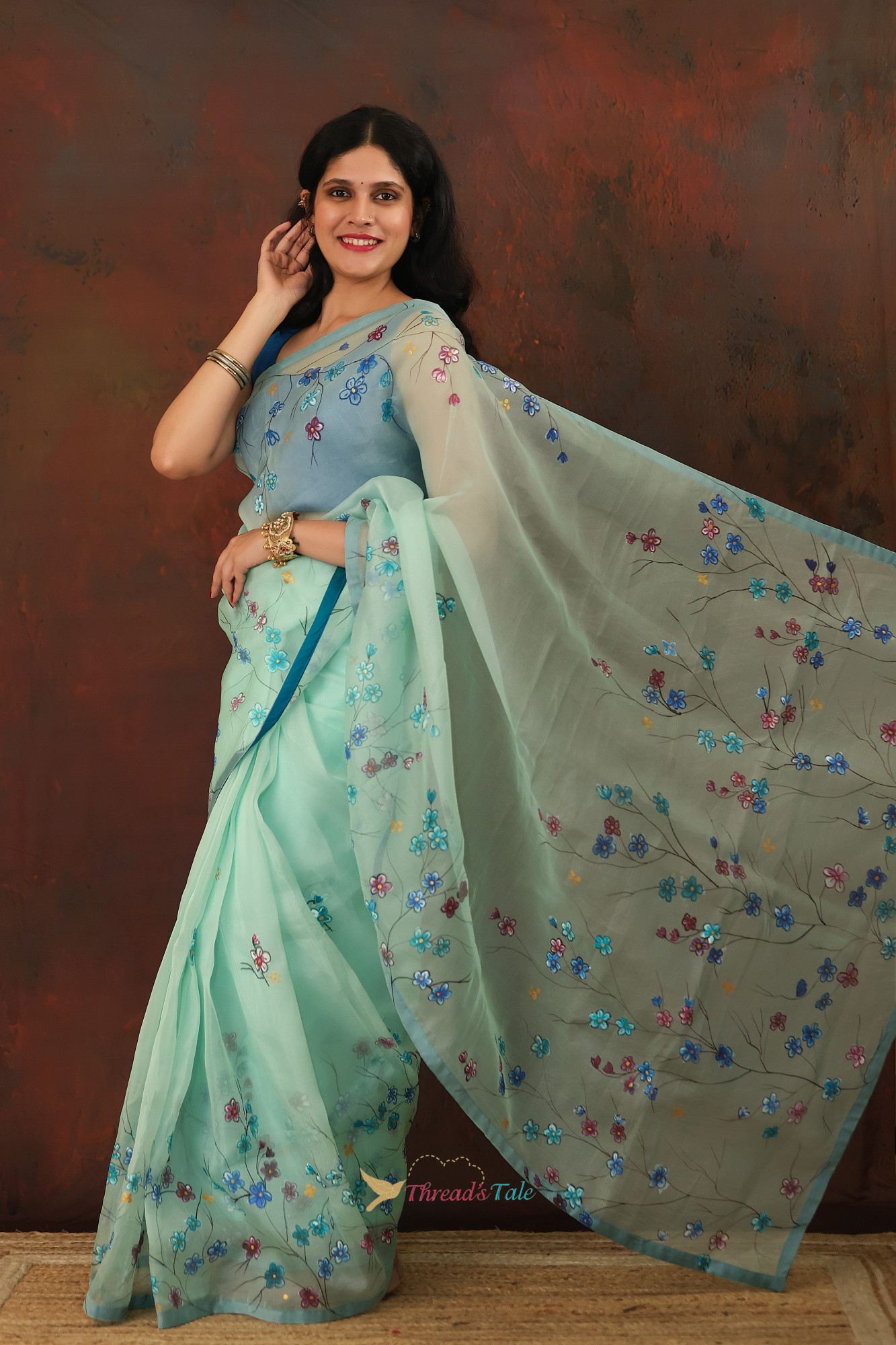 Mint Green Pure Organza Saree With Handpainted Floral Saree