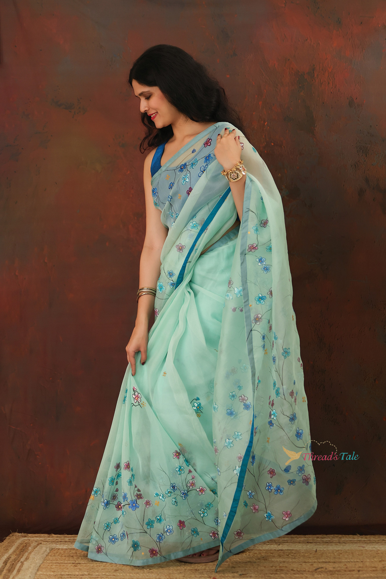 Mint Green Pure Organza Saree With Handpainted Floral Saree