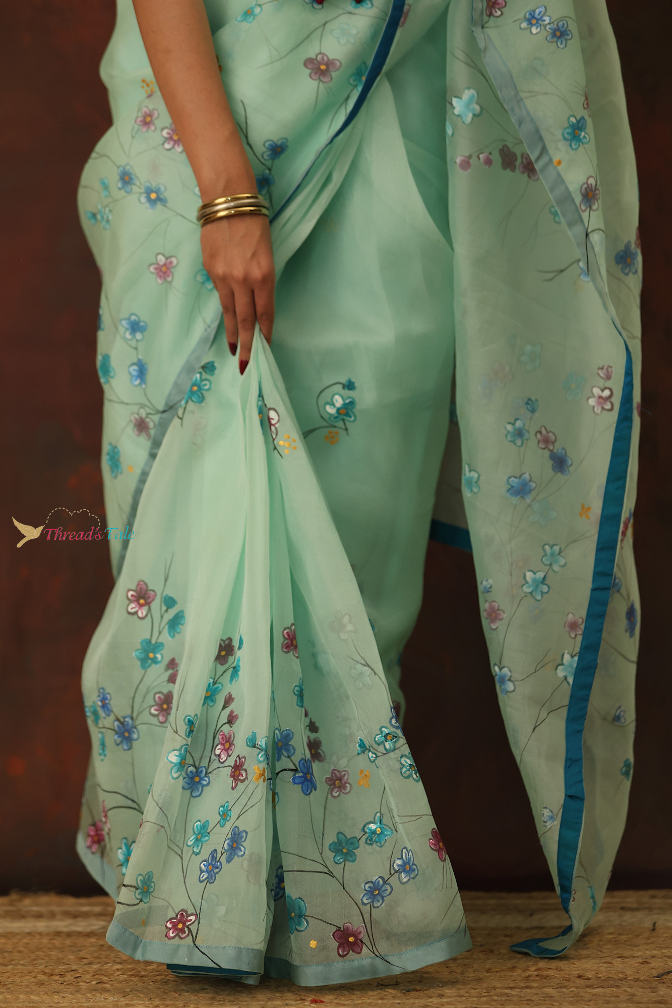 Mint Green Pure Organza Saree With Handpainted Floral Saree