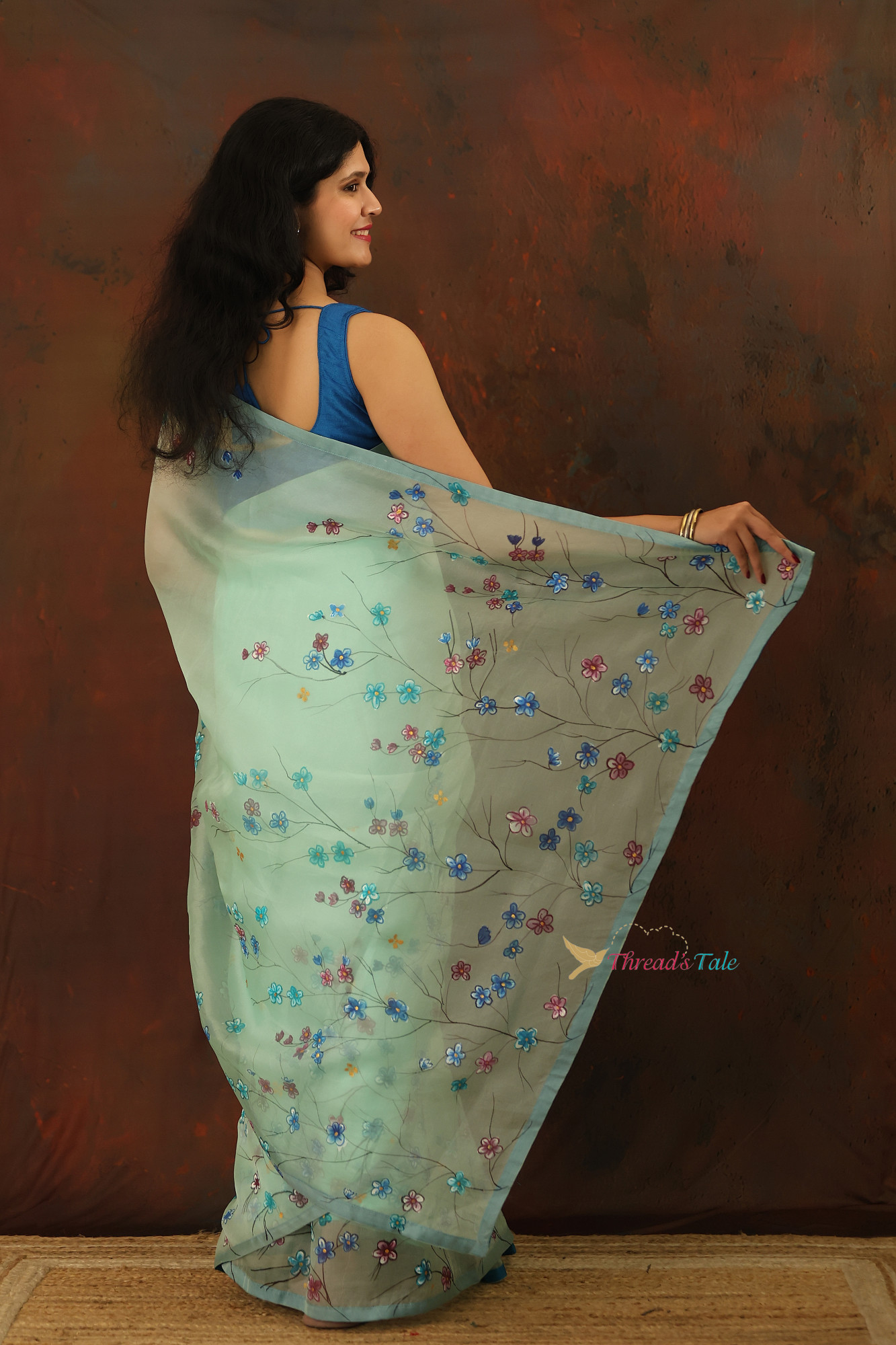 Mint Green Pure Organza Saree With Handpainted Floral Saree