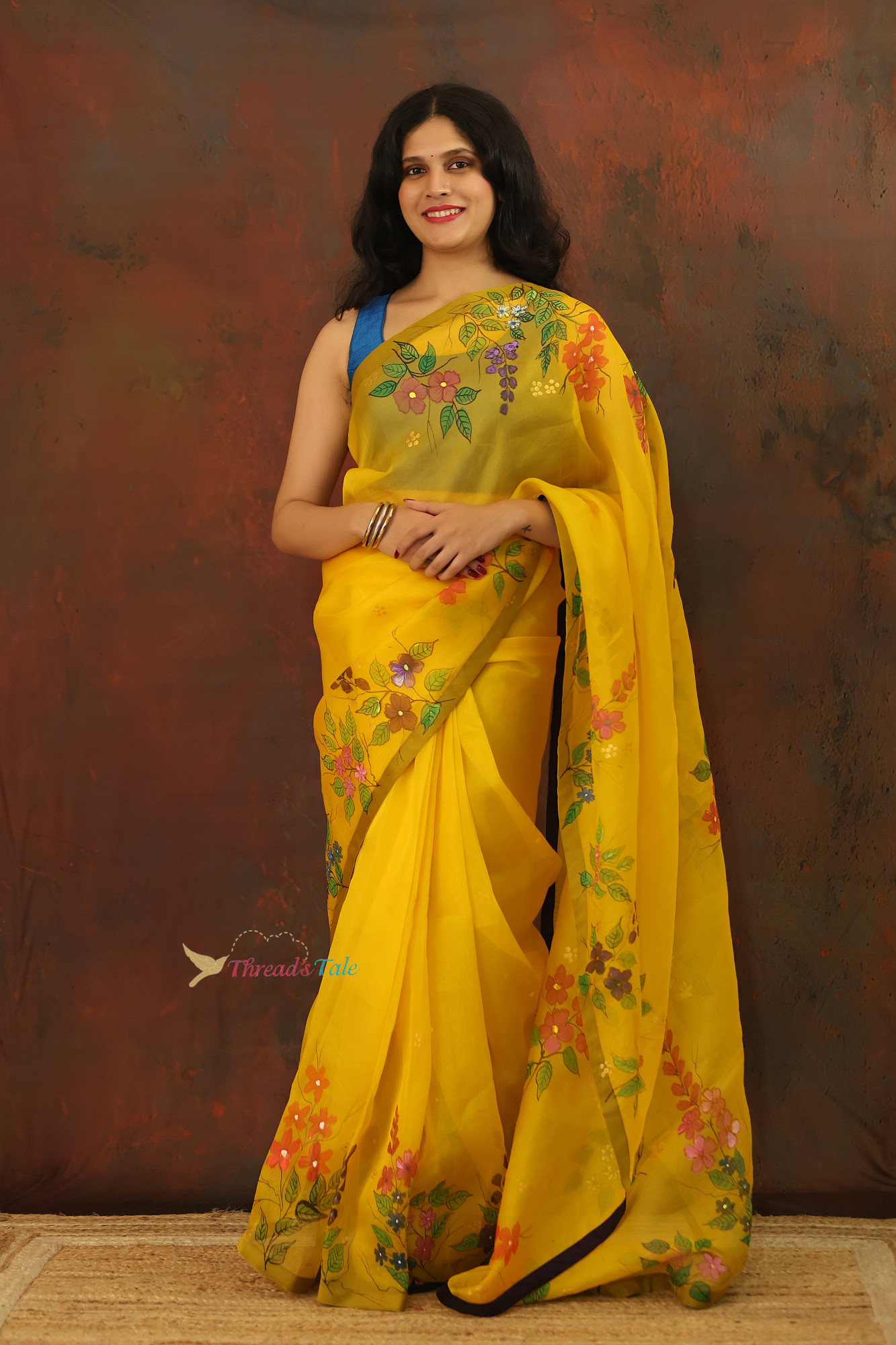 Yellow Pure Organza Saree With Handpainted Floral Saree