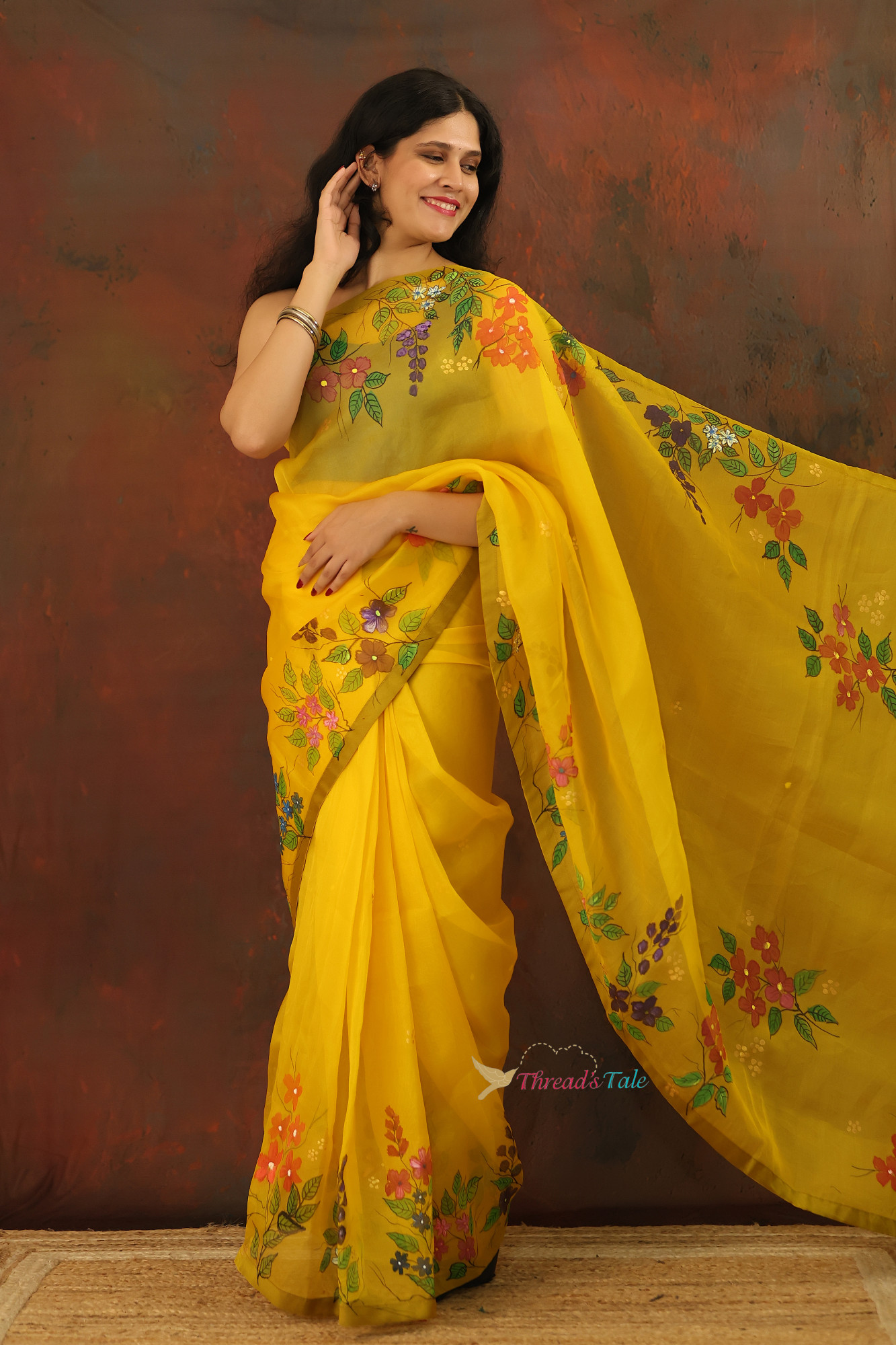Yellow Pure Organza Saree With Handpainted Floral Saree