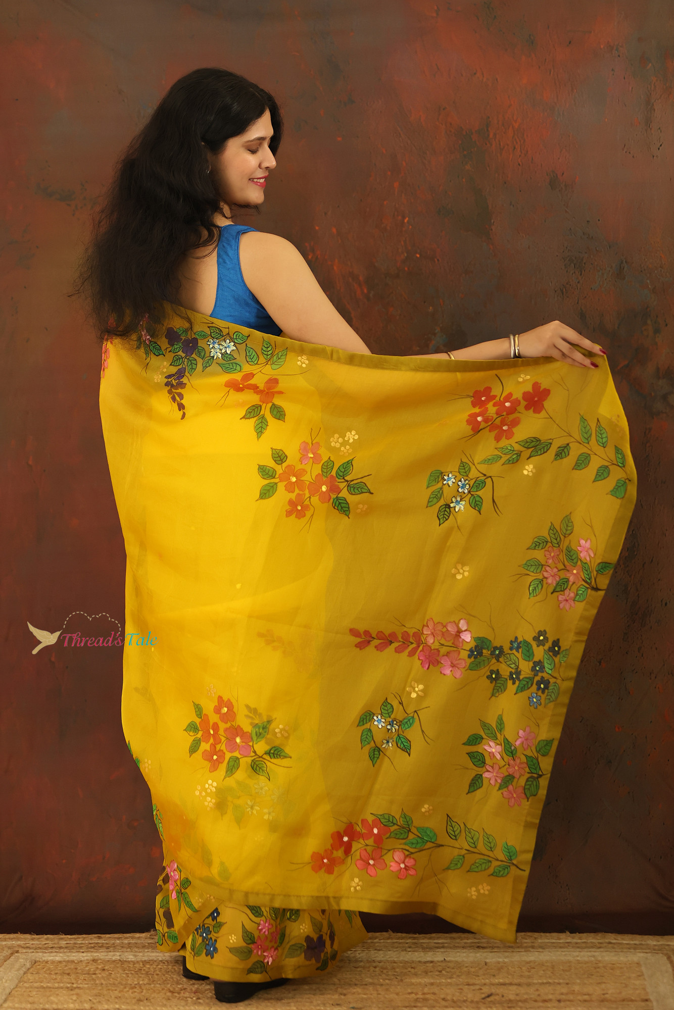 Yellow Pure Organza Saree With Handpainted Floral Saree