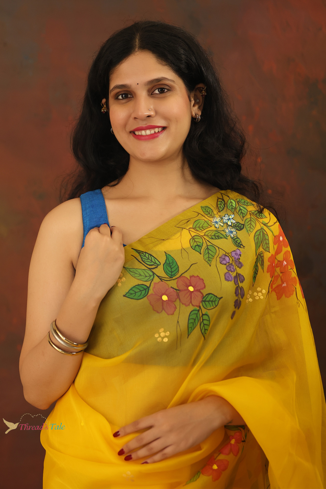 Yellow Pure Organza Saree With Handpainted Floral Saree