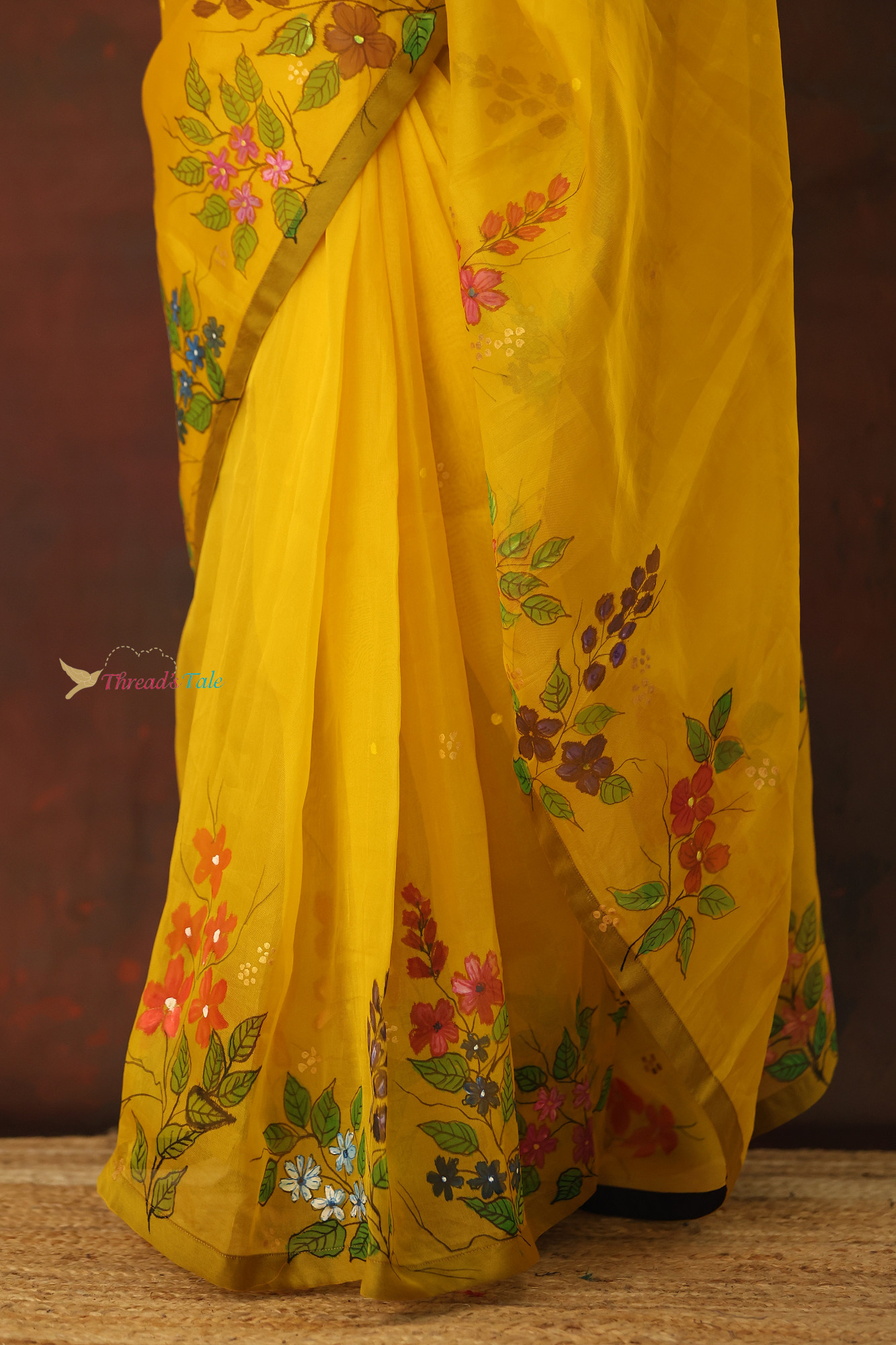 Yellow Pure Organza Saree With Handpainted Floral Saree