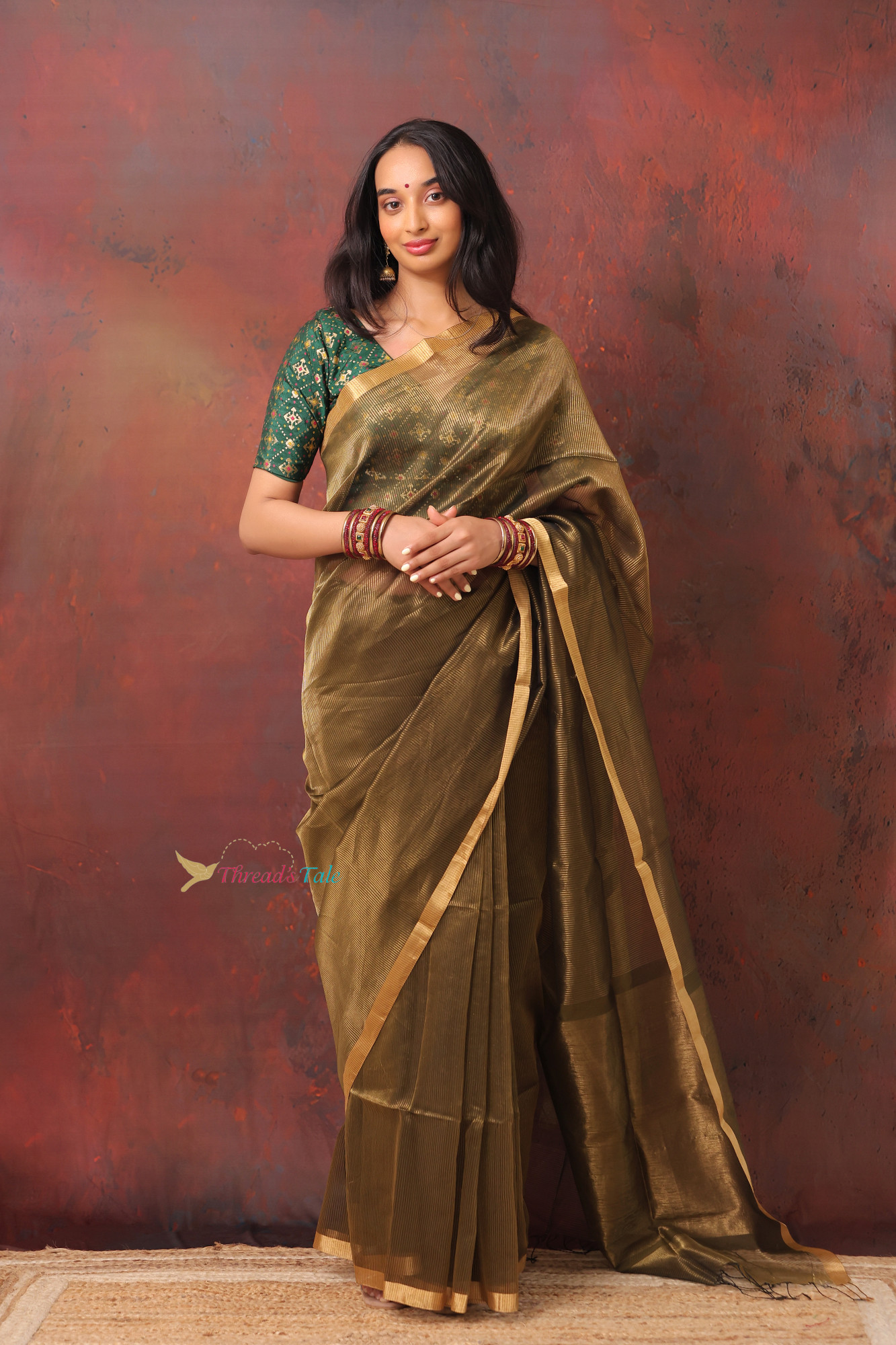 Olive Green Handwoven Tissue Stripes Maheshwari Silk Saree