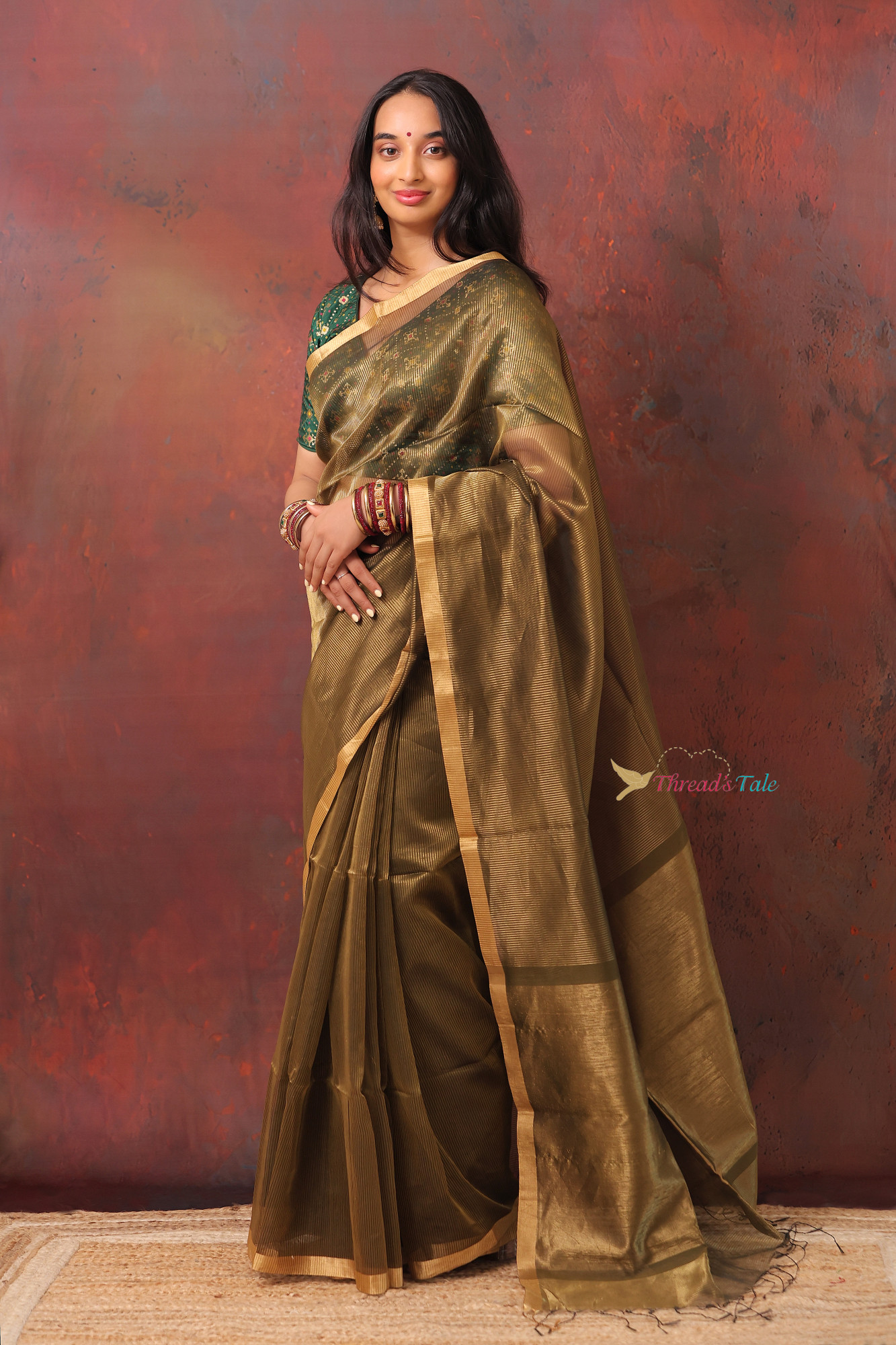 Olive Green Handwoven Tissue Stripes Maheshwari Silk Saree
