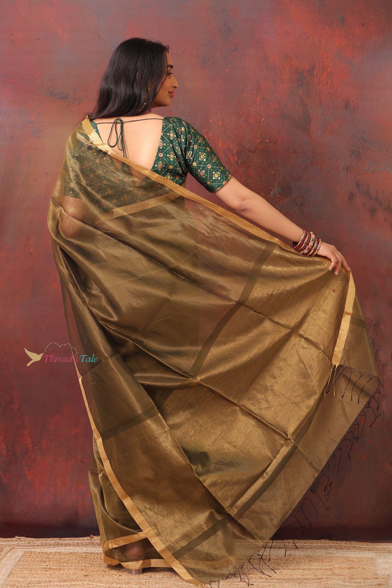 Olive Green Handwoven Tissue Stripes Maheshwari Silk Saree