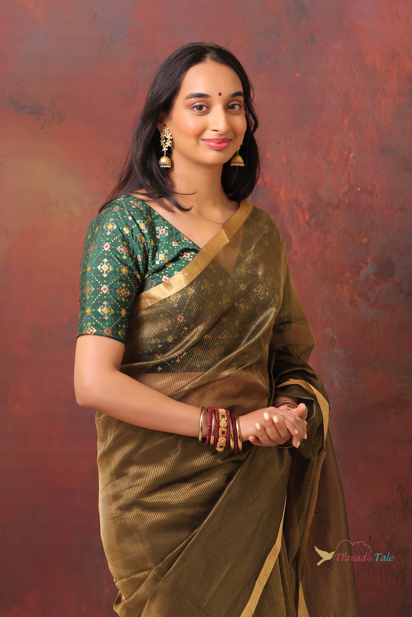 Olive Green Handwoven Tissue Stripes Maheshwari Silk Saree
