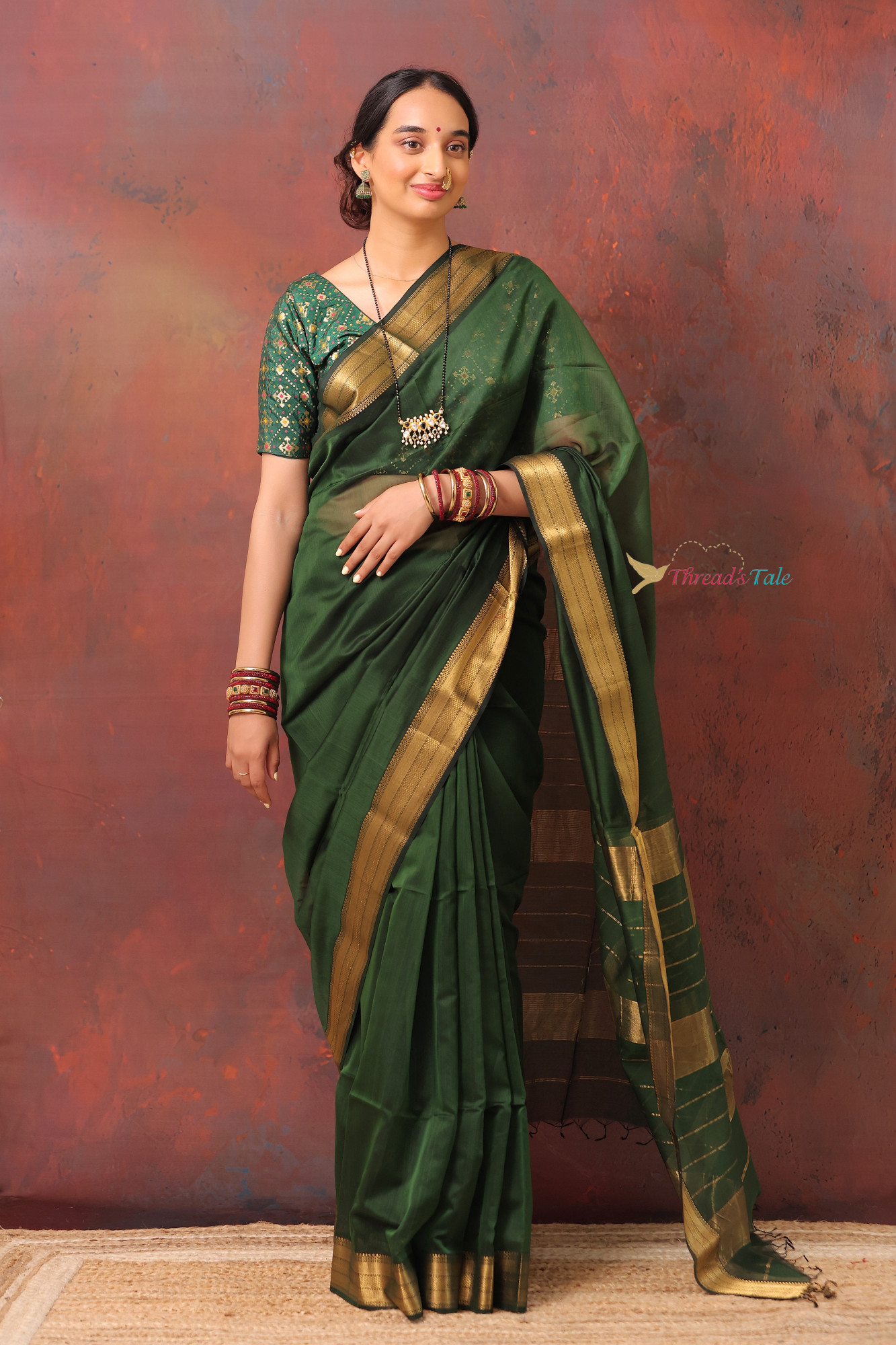 Bottle Green Handwoven Maheshwari Silk By Cotton Saree