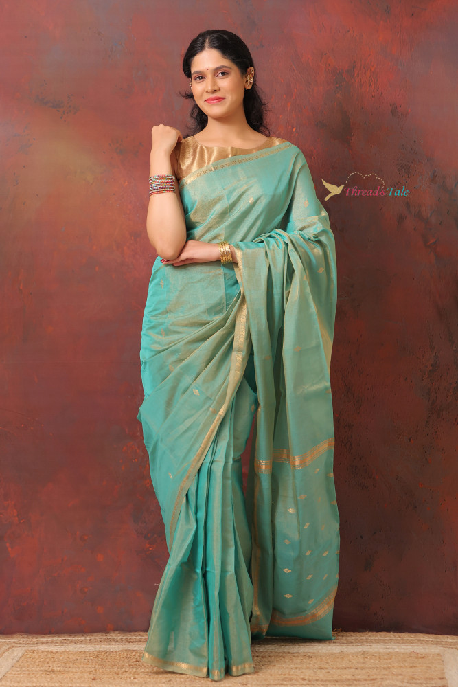 Image of Powder Blue Golden Handwoven Tissue Maheshwari  Saree With Narrow Border