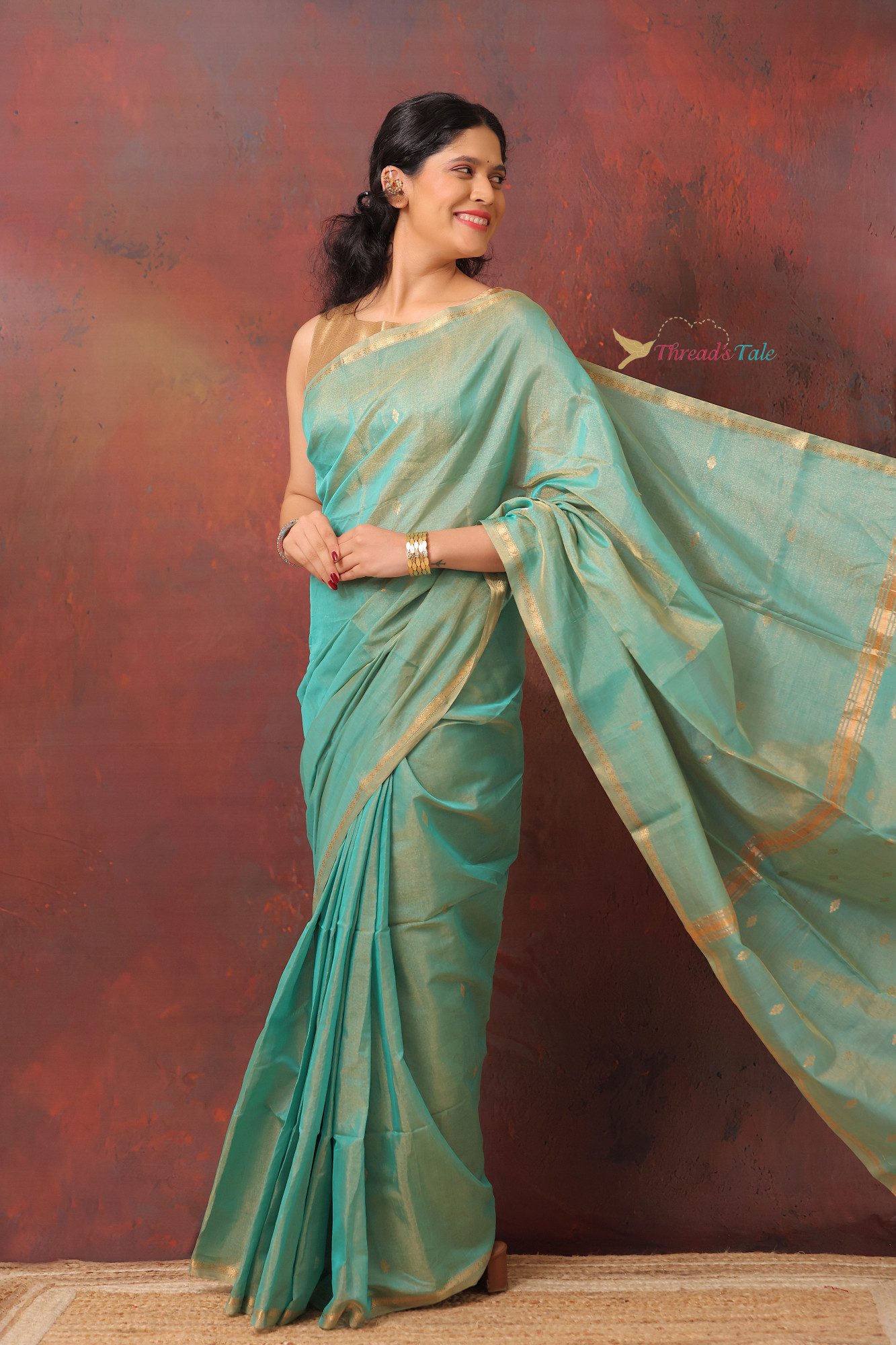 Powder Blue Golden Handwoven Tissue Maheshwari  Saree With Narrow Border