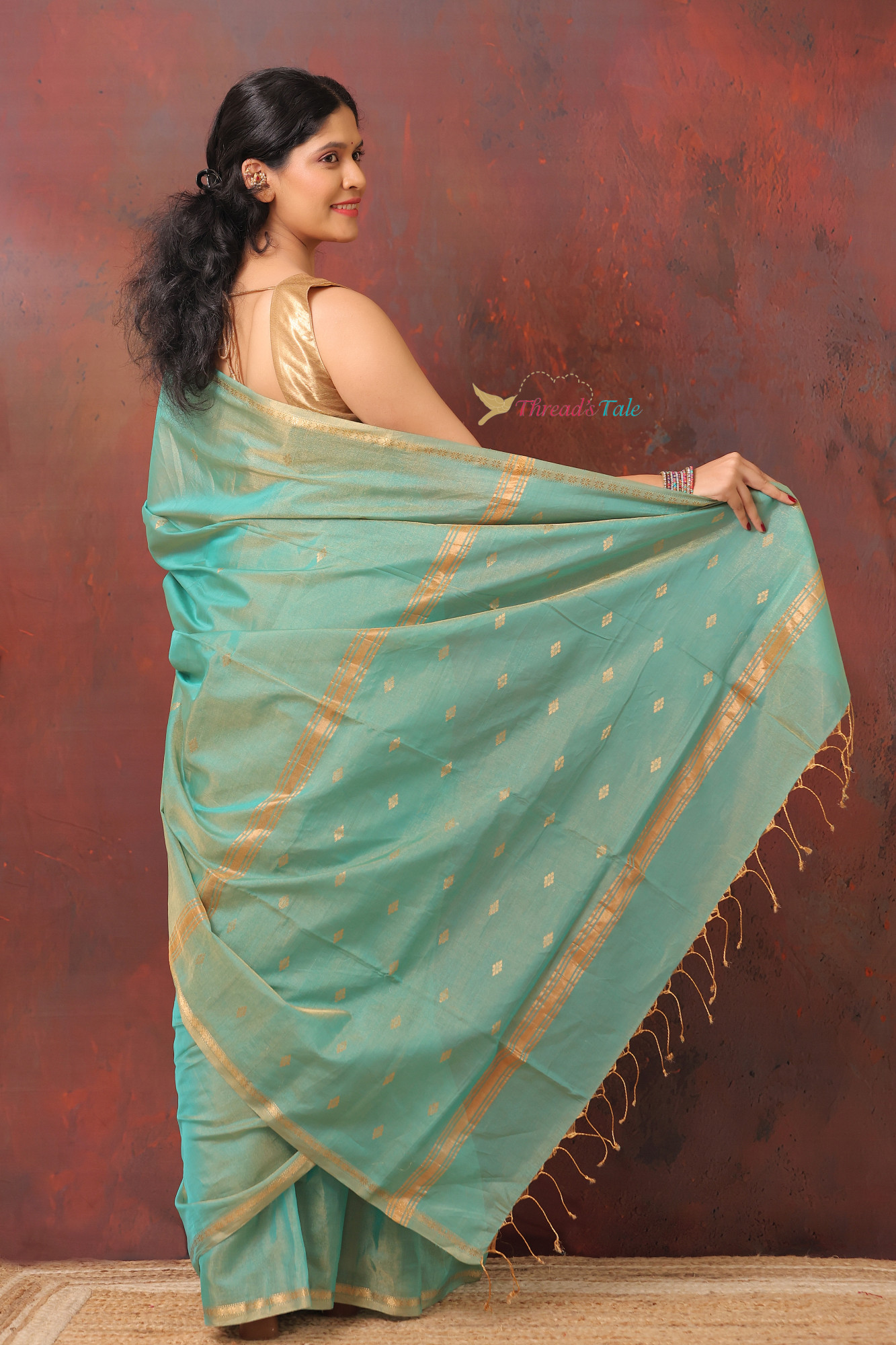 Powder Blue Golden Handwoven Tissue Maheshwari  Saree With Narrow Border