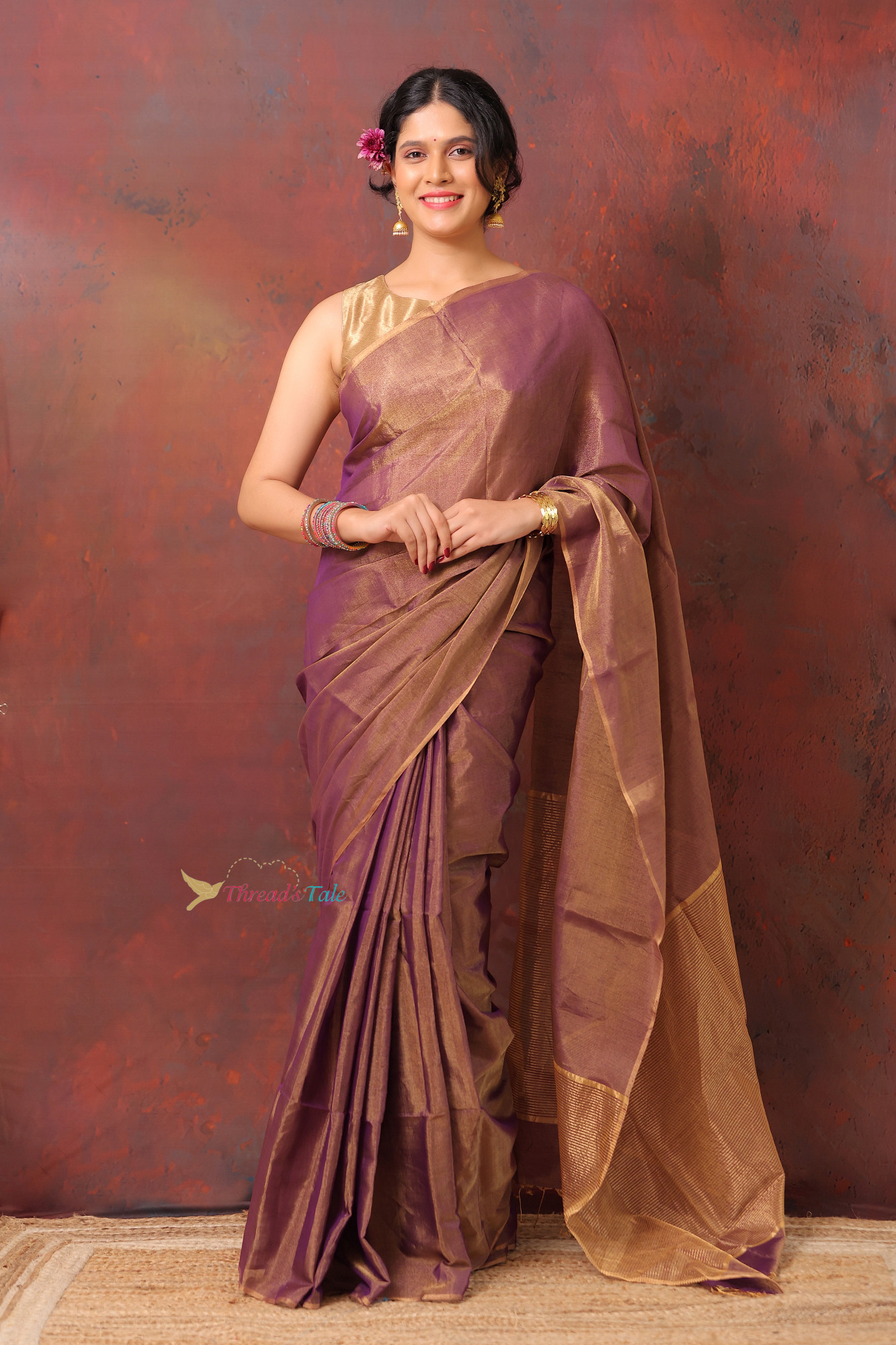 Violet Golden Handwoven Maheshwari Silk Saree