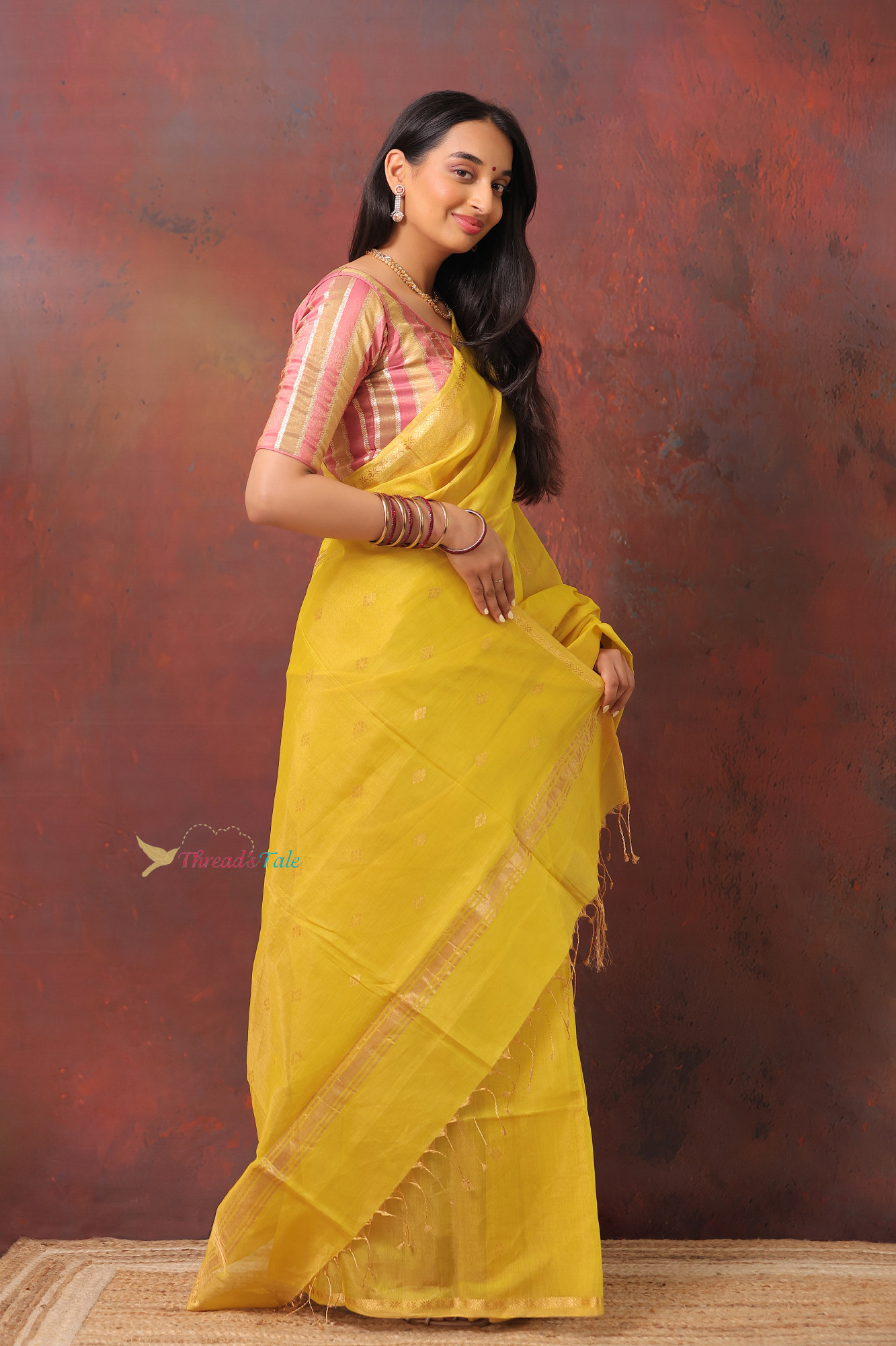 Sunshine Yellow Golden Handwoven Tissue Saree