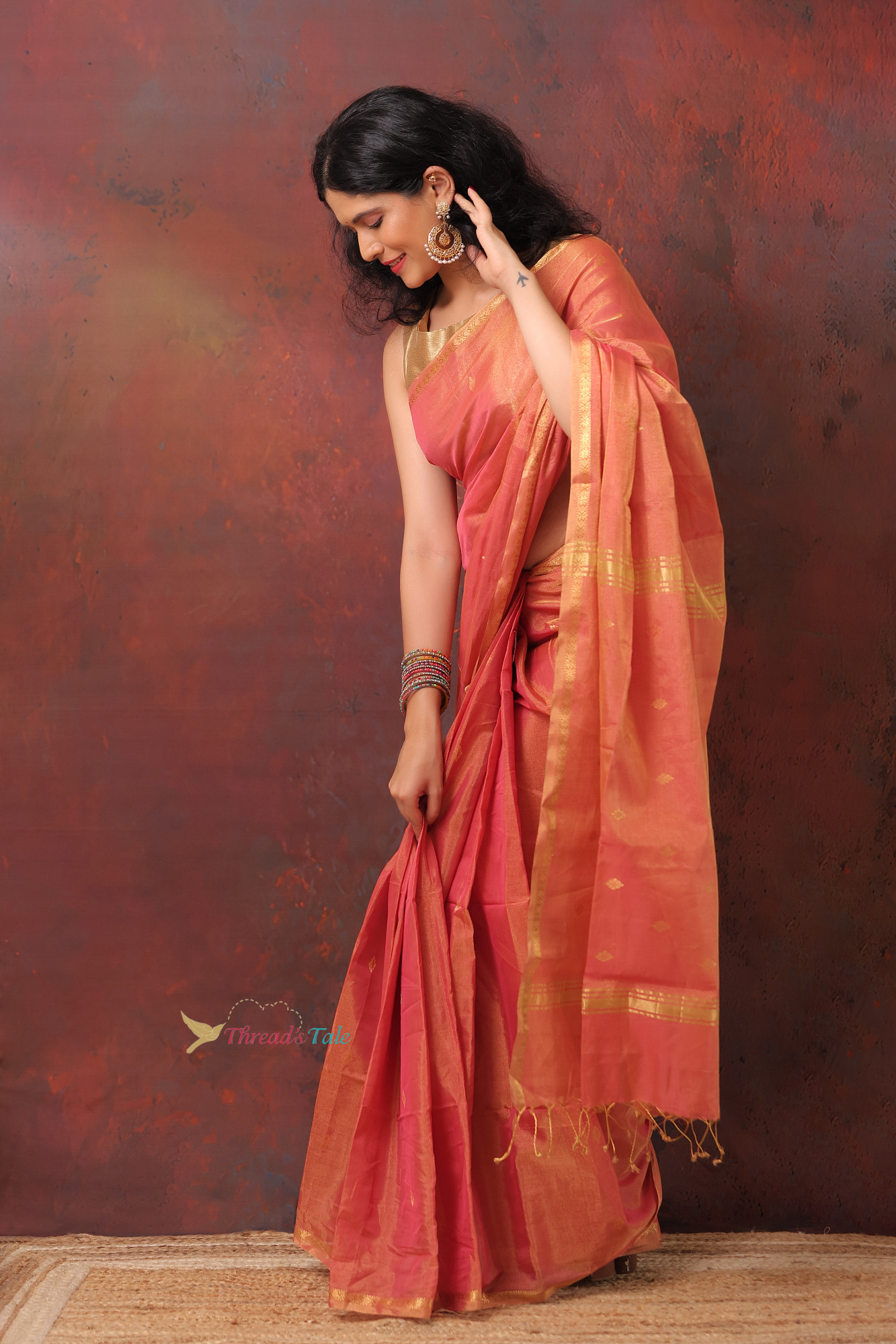 Red Golden Tissue  Saree With  Narrow Border
