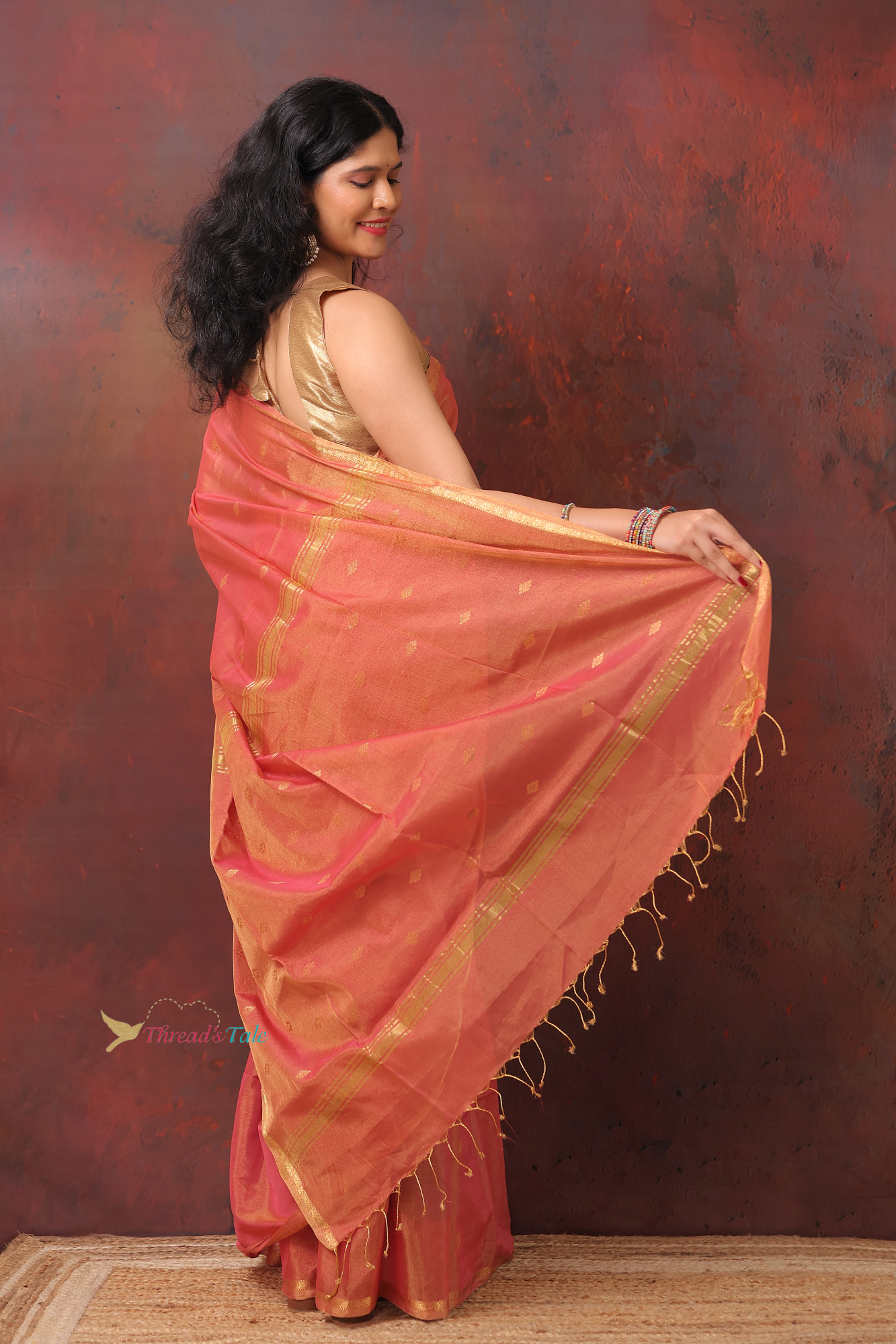 Red Golden Tissue  Saree With  Narrow Border