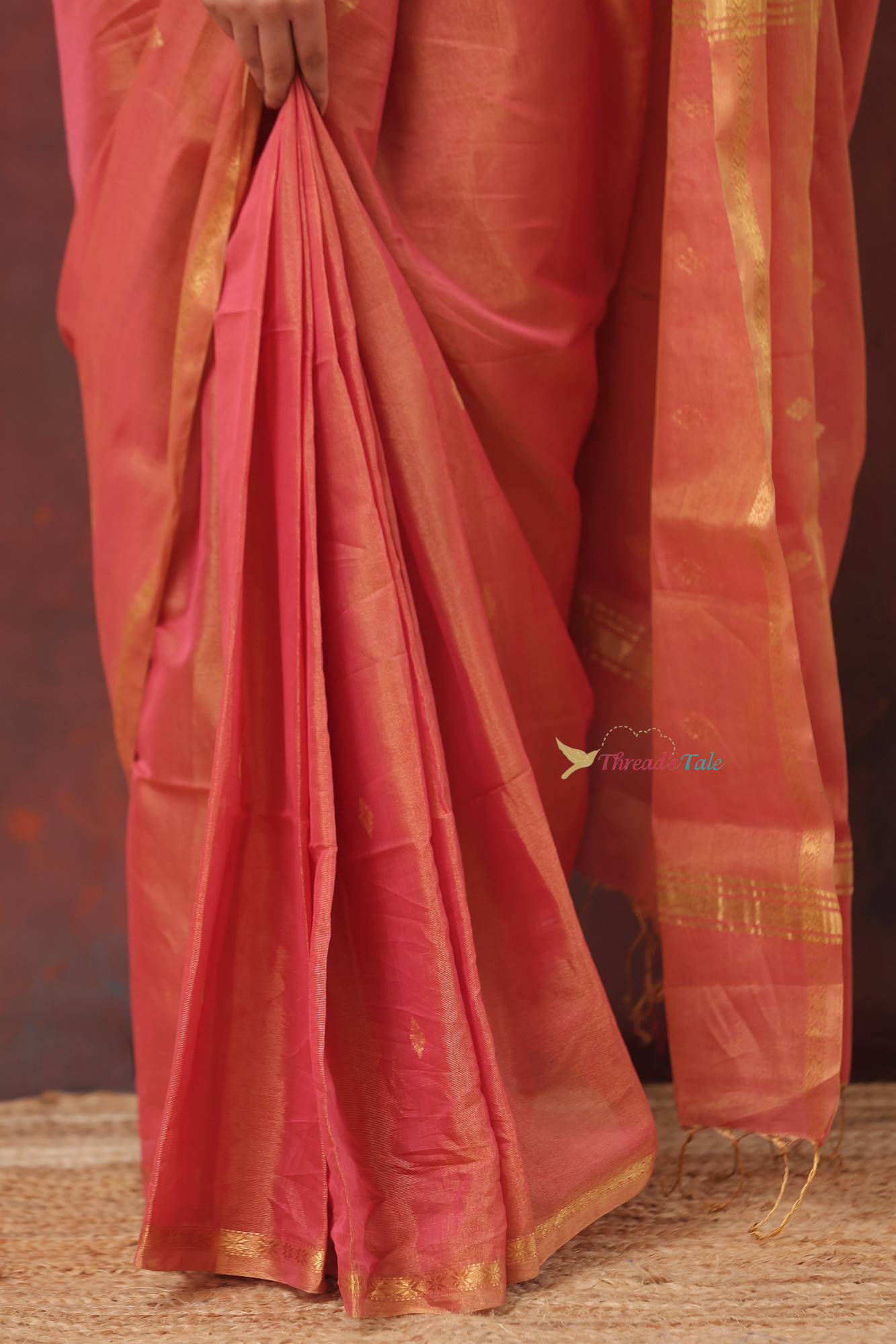 Red Golden Tissue Saree With Narrow Border