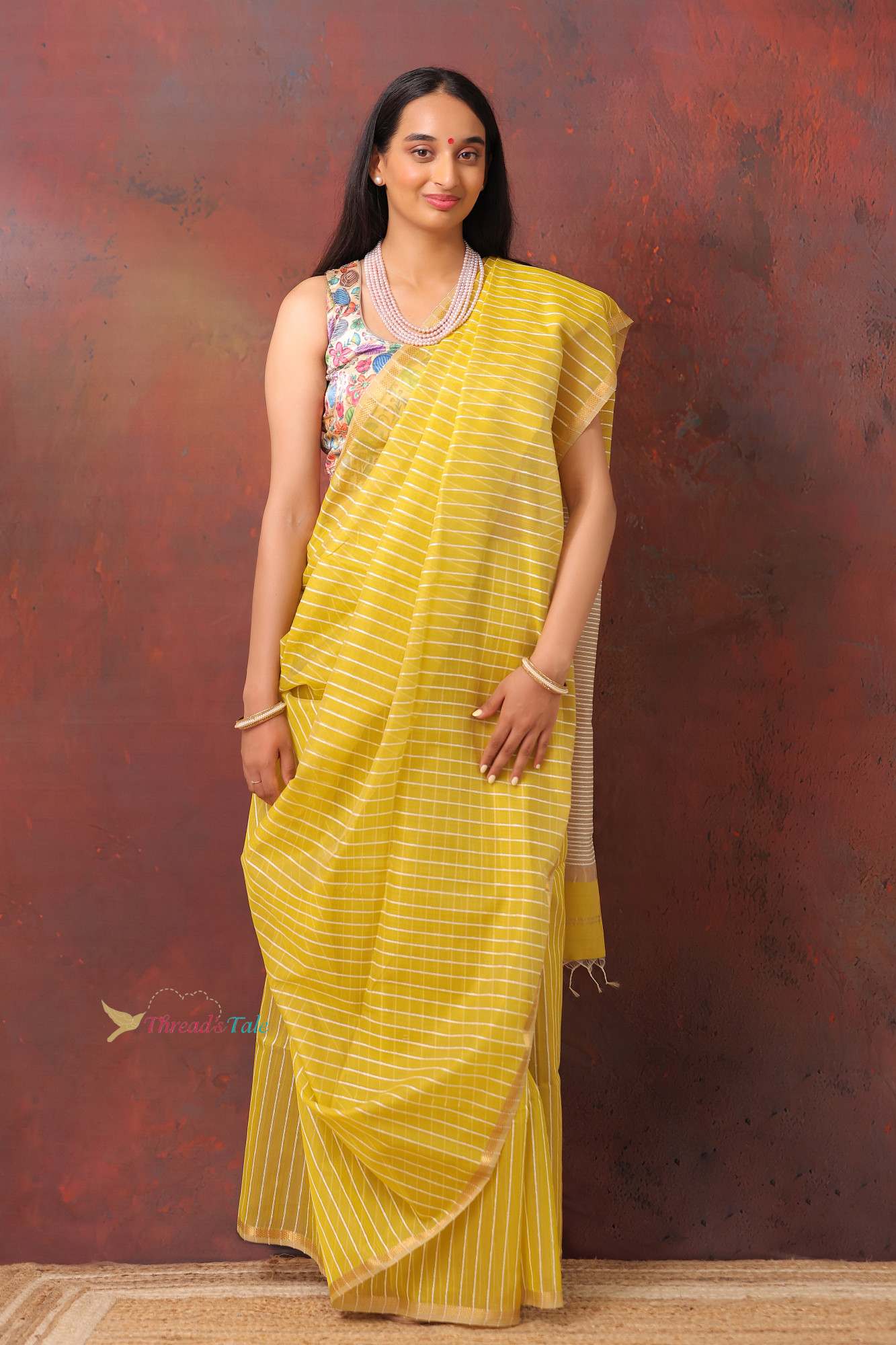 Yellow Handwoven Maheshwari Silk Saree With Khadi Stripes