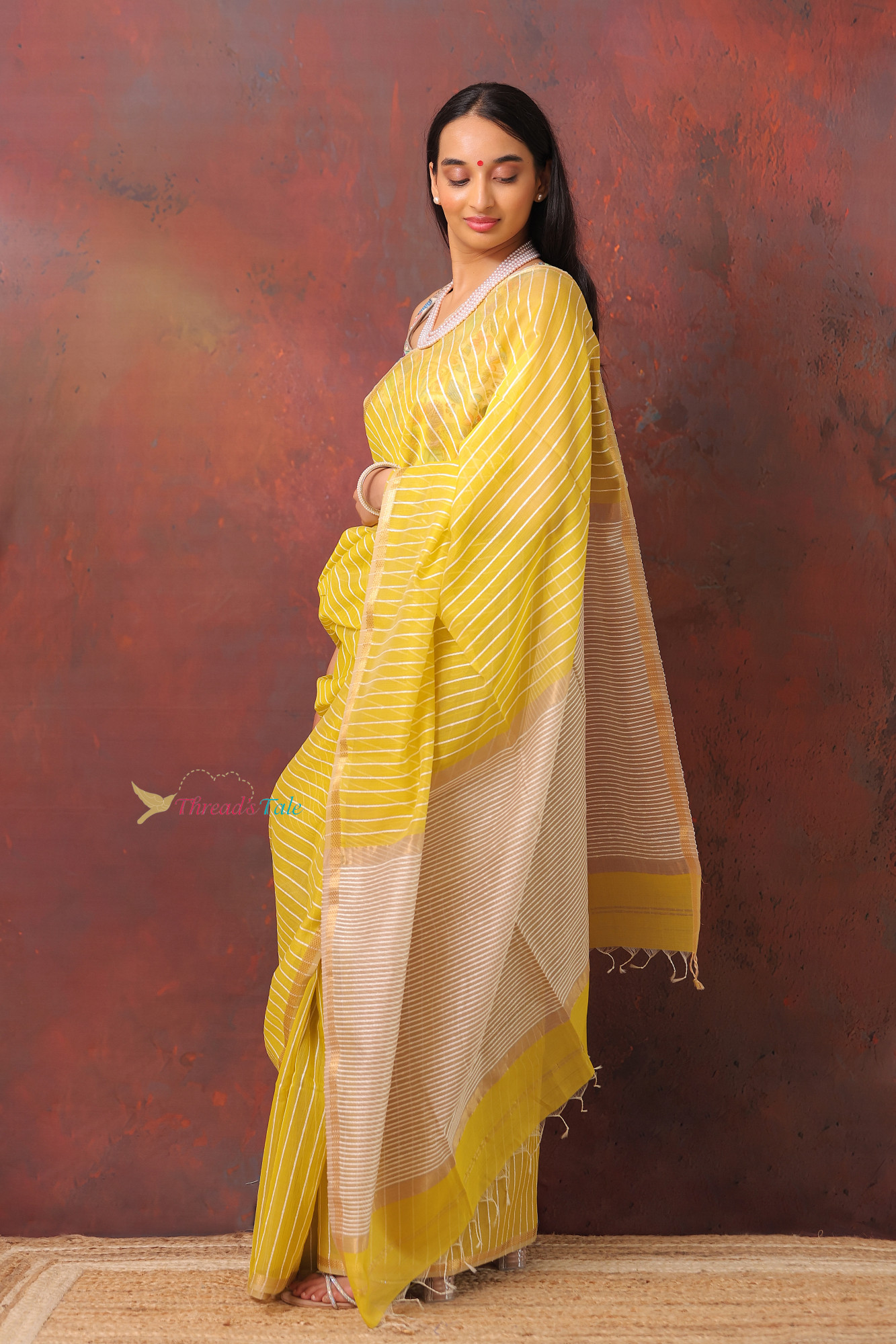 Yellow Handwoven Maheshwari Silk Saree With Khadi Stripes