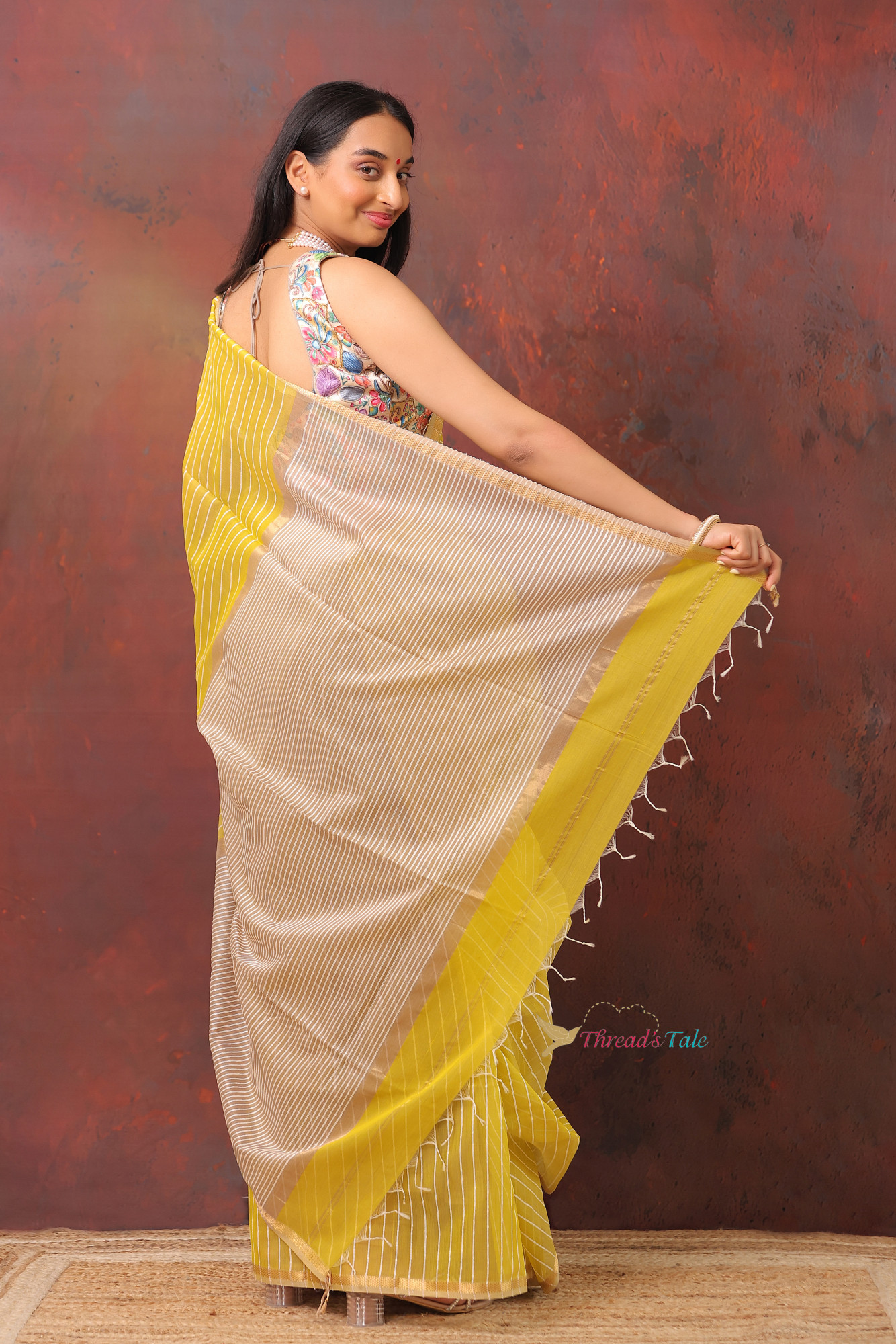 Yellow Handwoven Maheshwari Silk Saree With Khadi Stripes