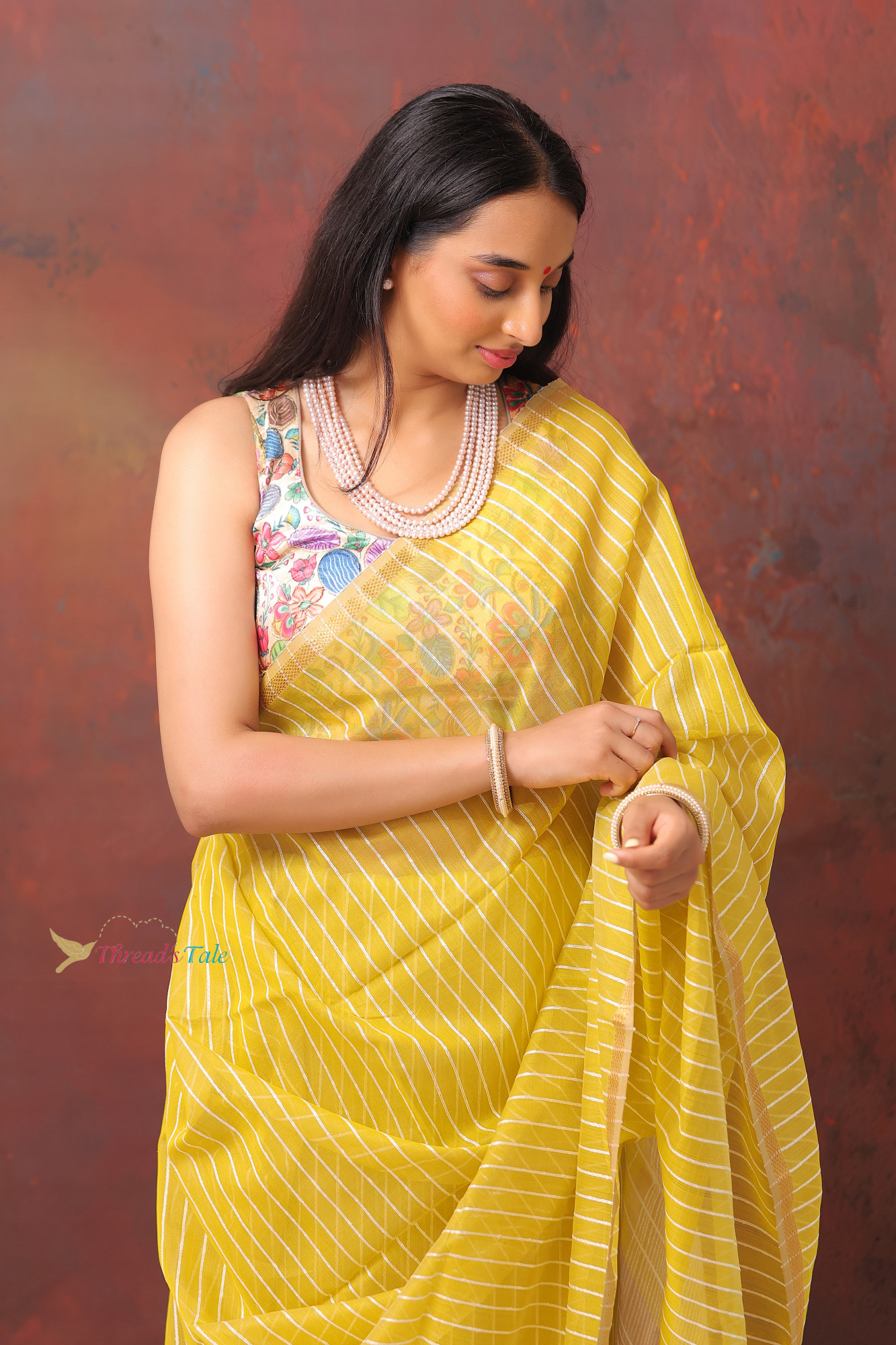 Yellow Handwoven Maheshwari Silk Saree With Khadi Stripes