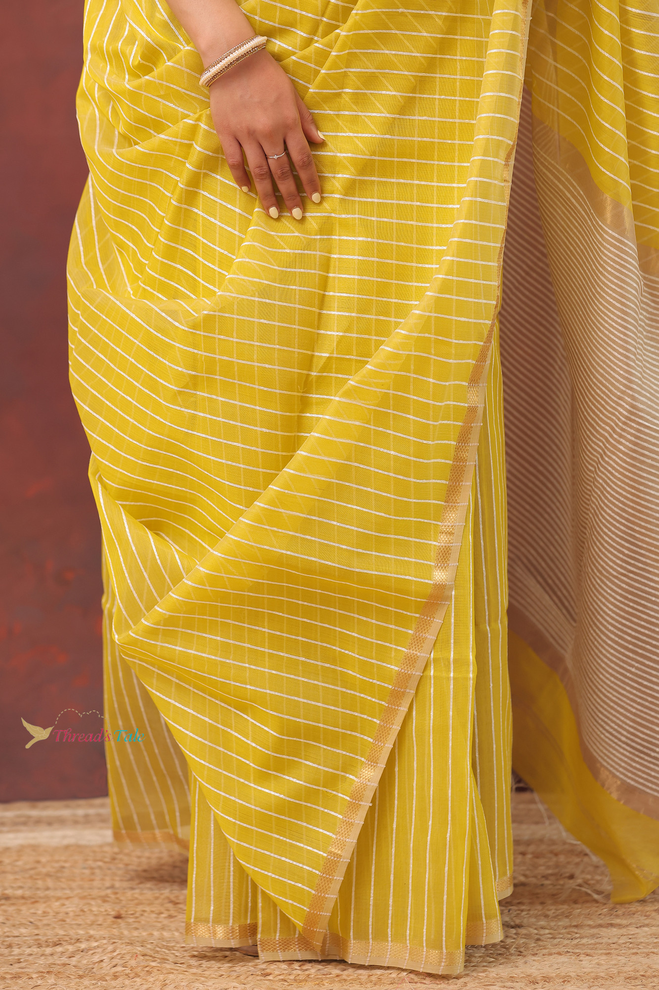 Yellow Handwoven  Maheshwari Silk Saree With Khadi Stripes