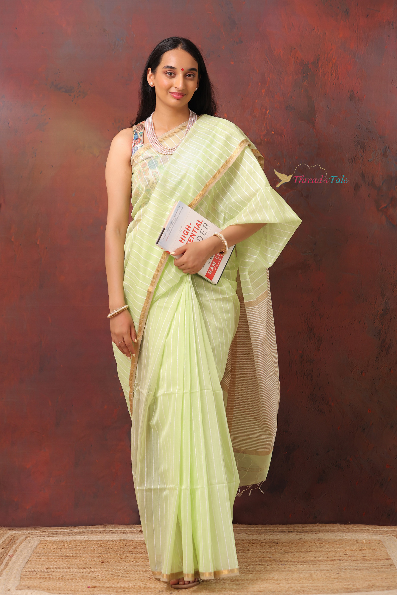 Pastel Green Handwoven Silk By Cotton Maheshwari  Saree With Khadi Stripes