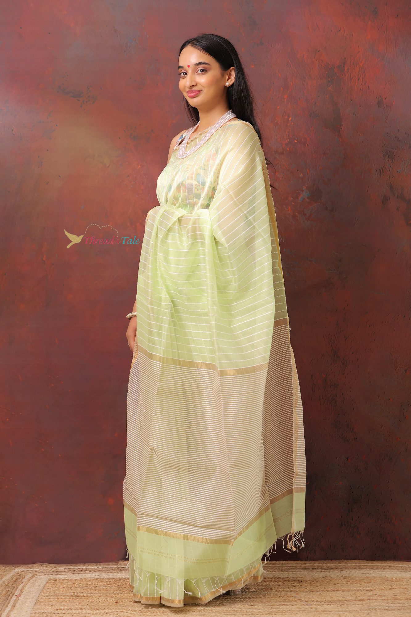 Pastel Green Handwoven Silk By Cotton Maheshwari  Saree With Khadi Stripes